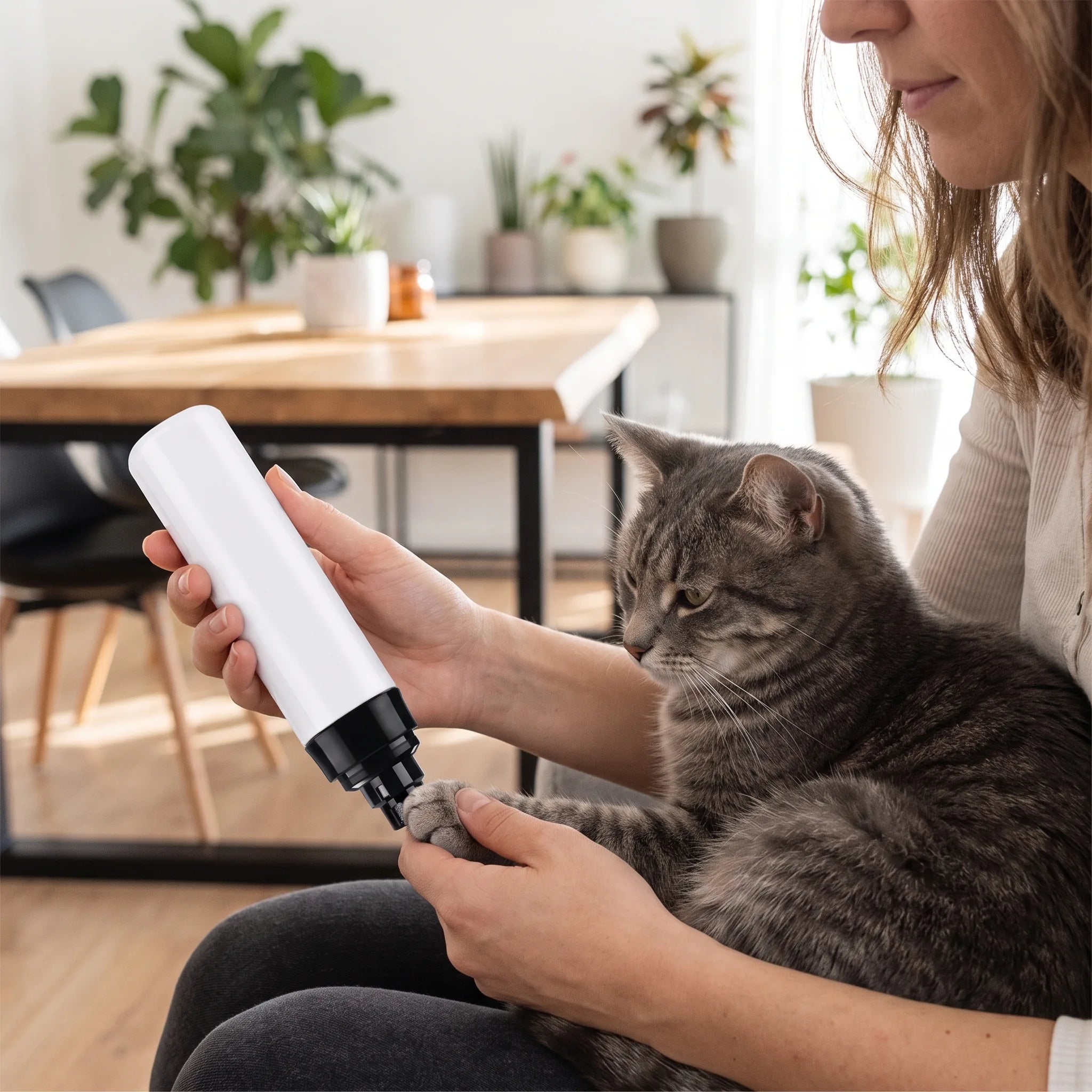 Tagliaunghie elettrico usato su un gatto in braccio