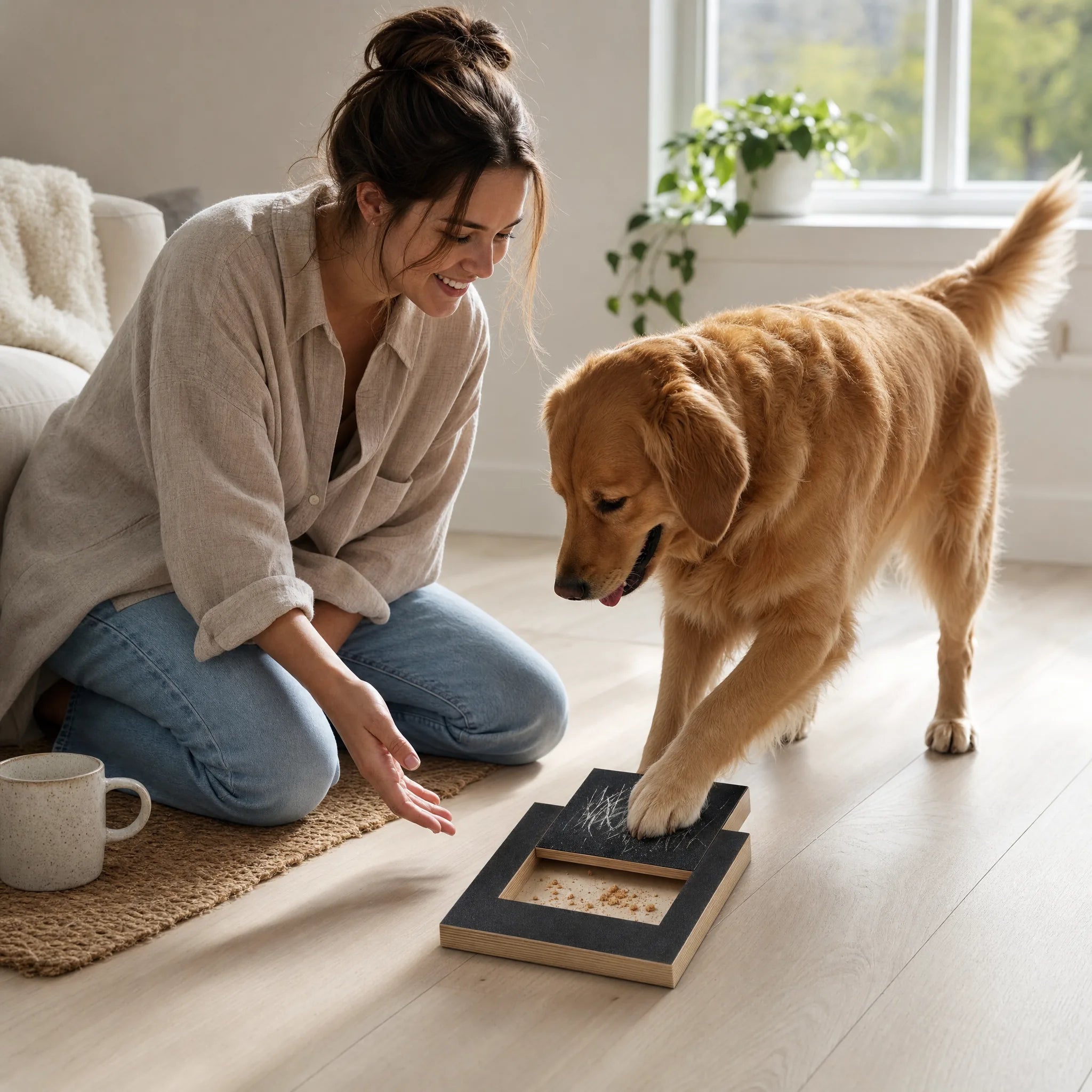 Padrona e golden retriever giocano con il GrattaSnack lima-unghie in casa