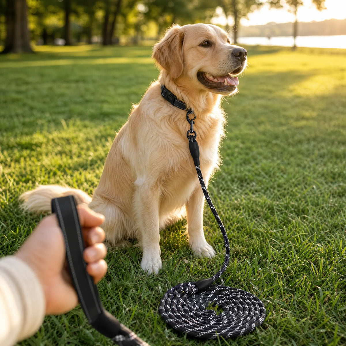 Cane al parco con guinzaglio da addestramento lungo