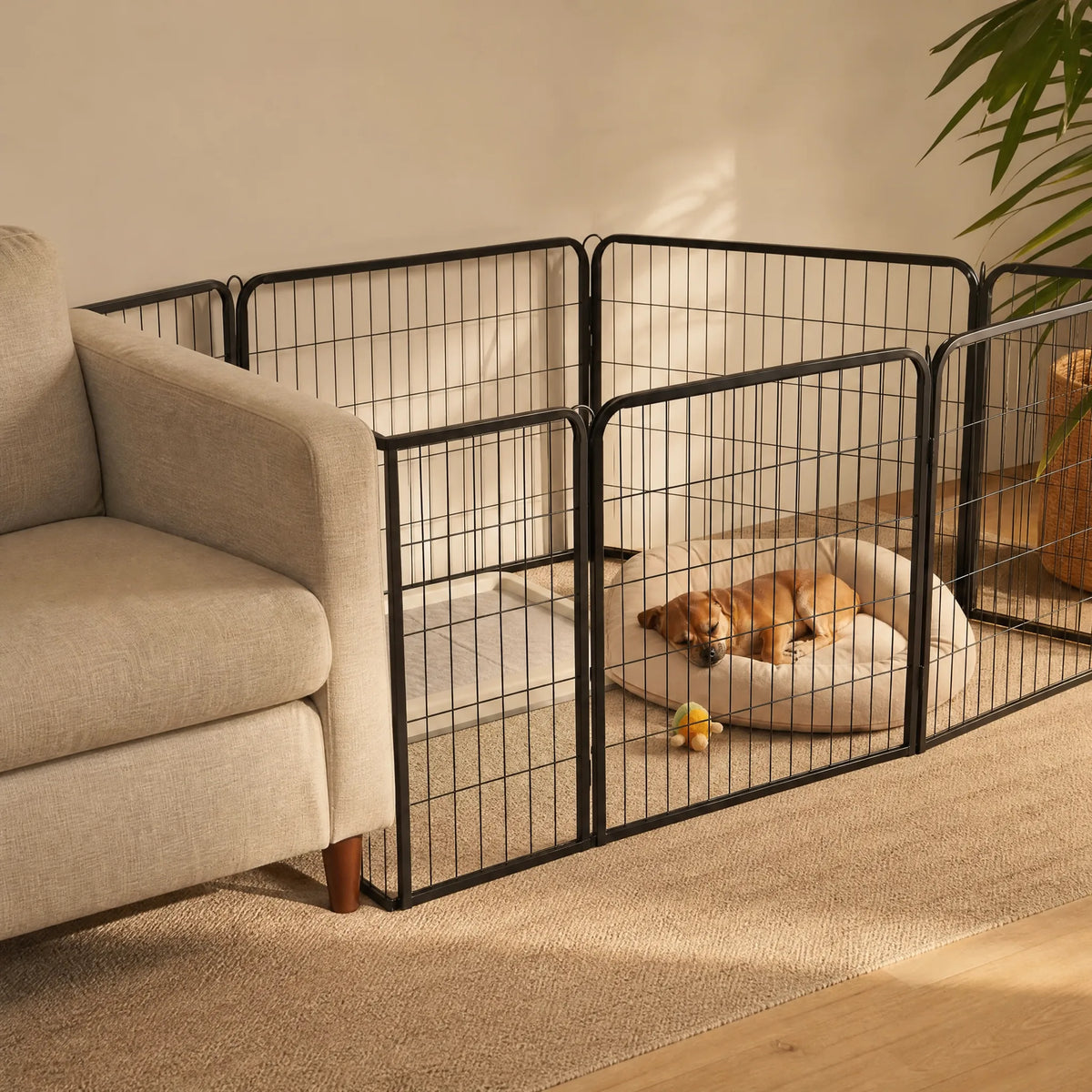 Cane dorme nel recinto per cani da interno accanto al divano