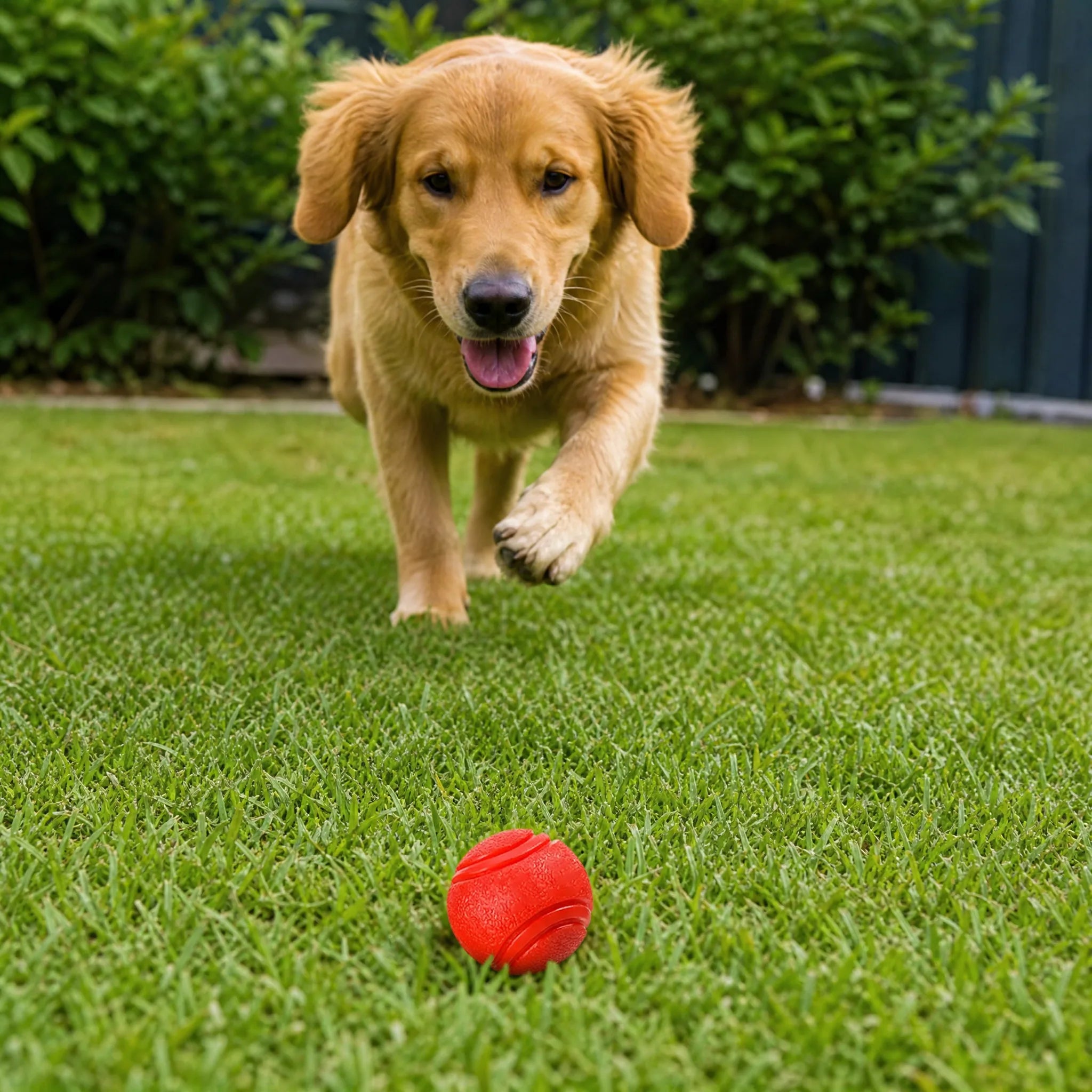 Cane corre verso la palla in gomma solida in giardino