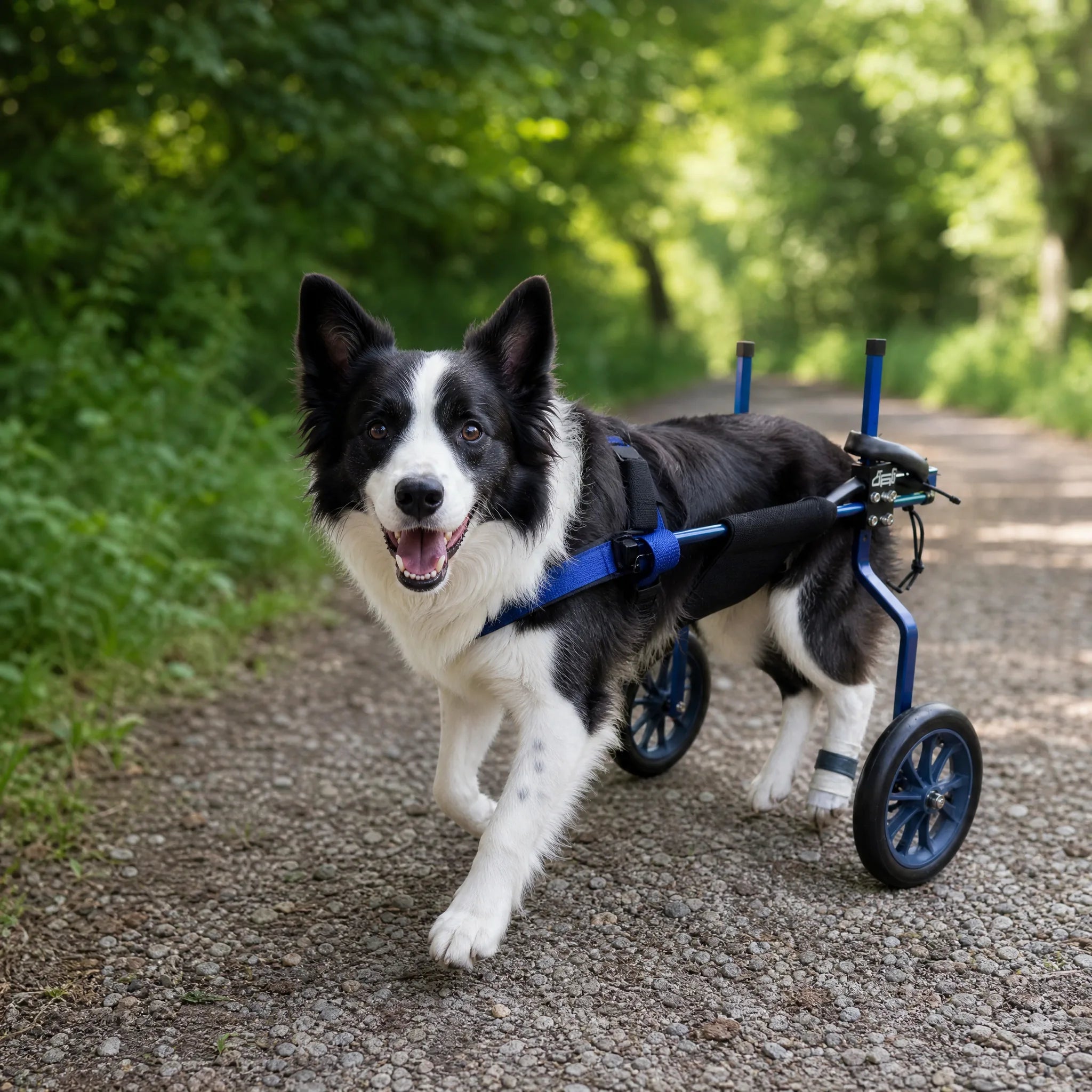 Border collie con carrello per cani disabili su sentiero sterrato nel bosco