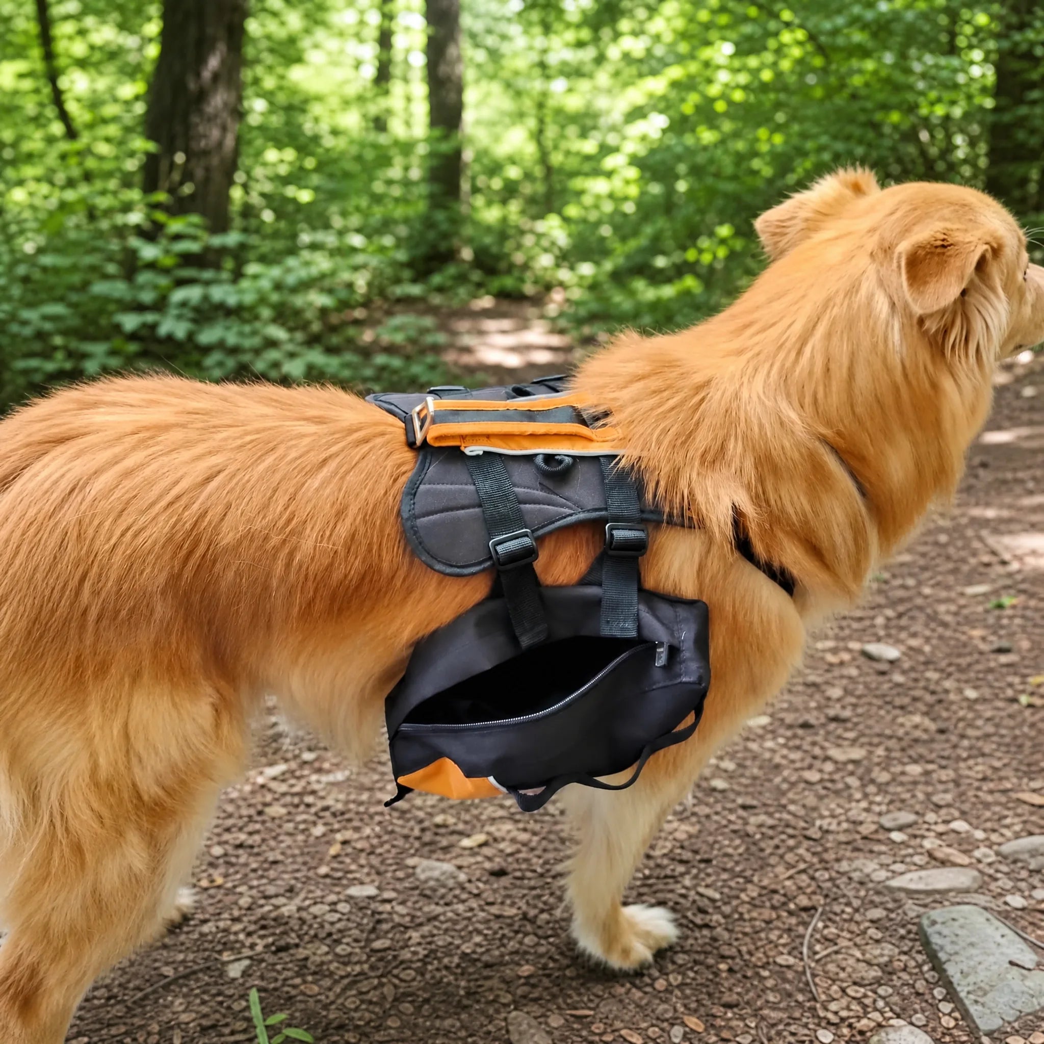 Zainetto per cani da trekking nero e arancione indossato da un golden retriever nel bosco