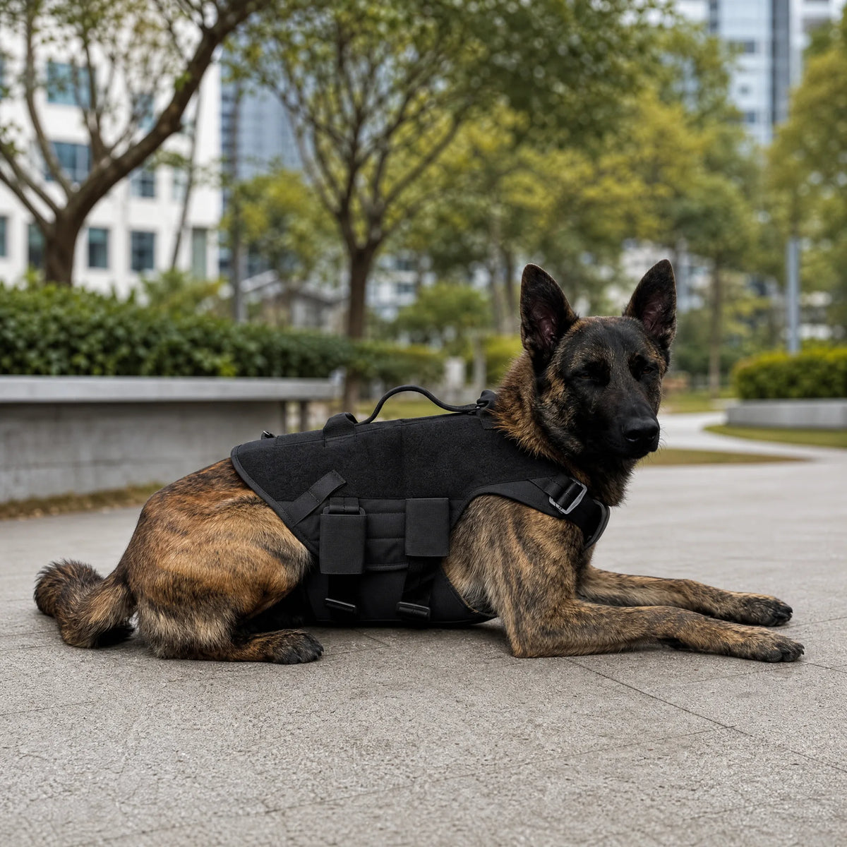 Cane con pettorina tattica militare nera in città