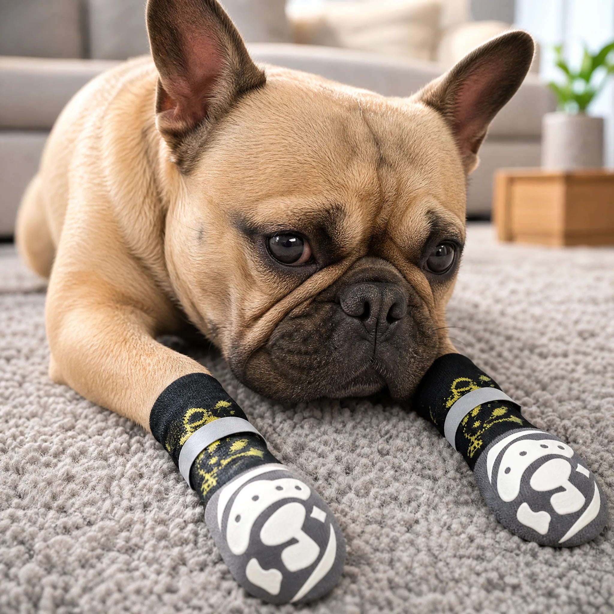 Bulldog francese con calze antiscivolo per cani sul tappeto