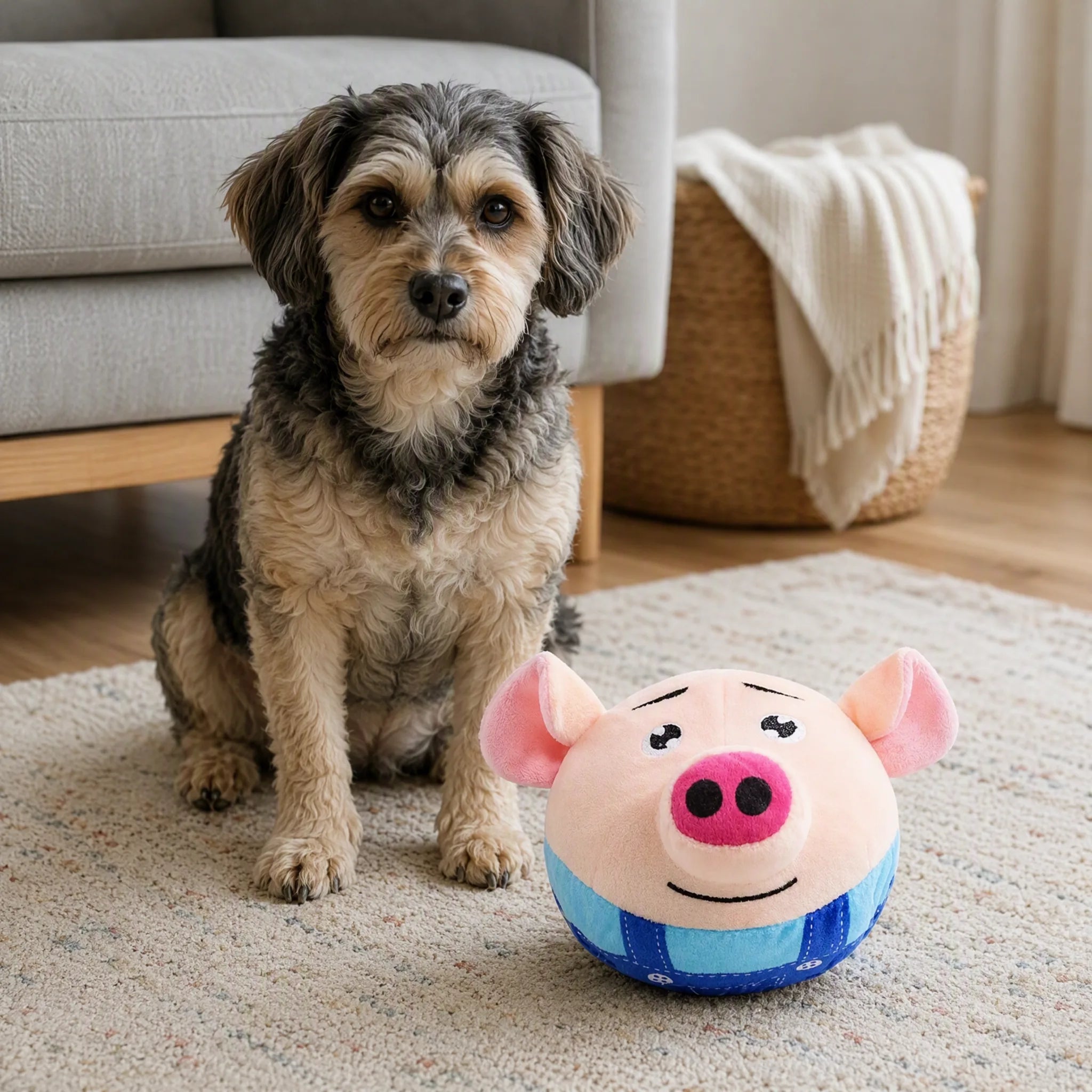 Palla cane peluche USB sul tappeto con il cane