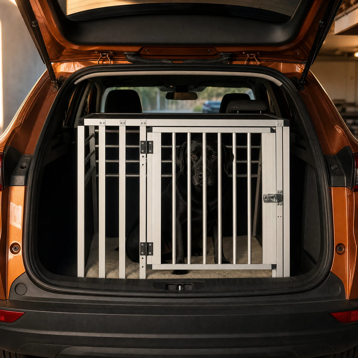 Box trasporto cane in alluminio nel portabagagli con cane seduto all interno