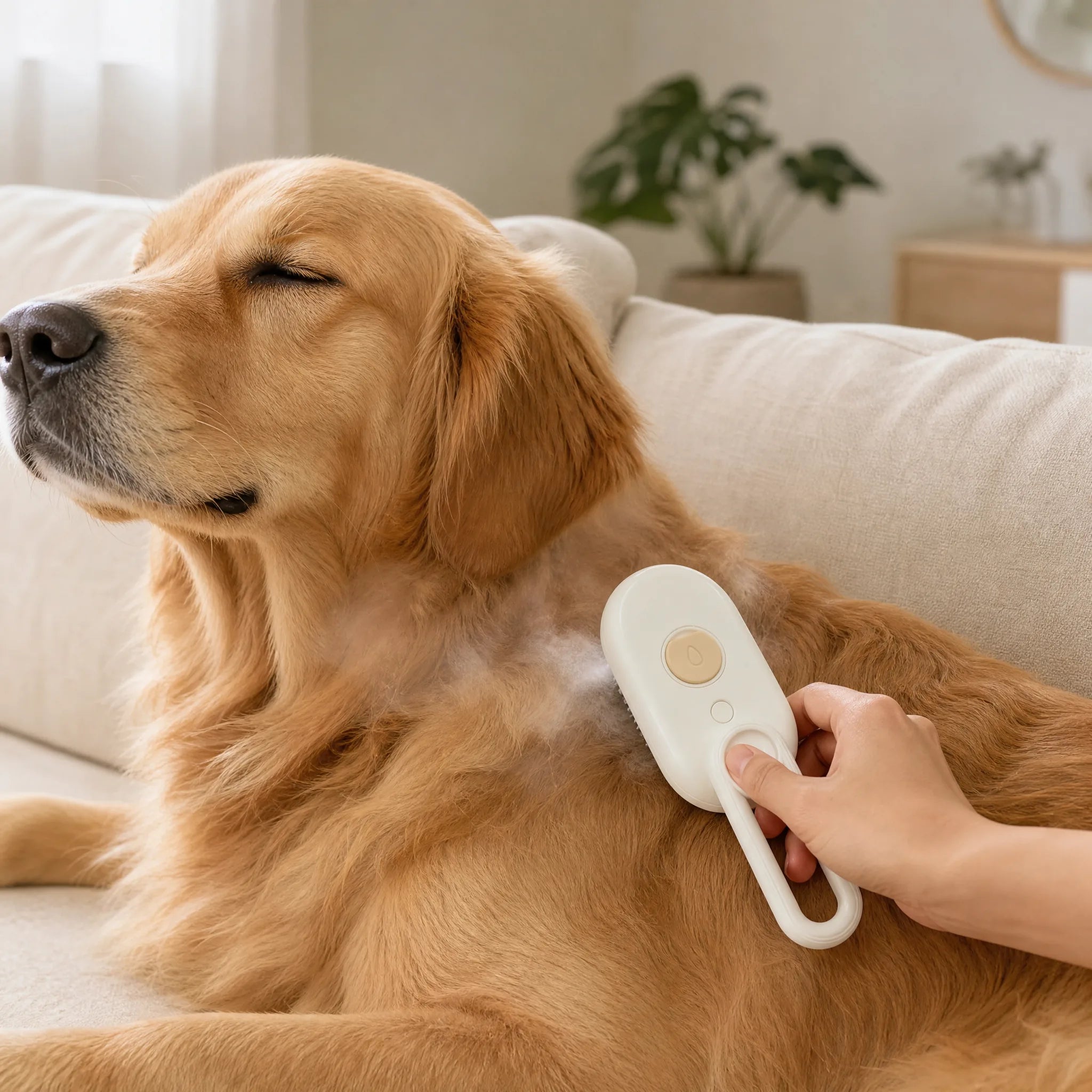 Cane rilassato sul divano mentre viene spazzolato con la spazzola a vapore 3-in-1
