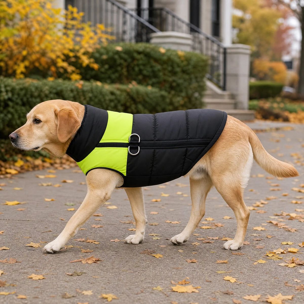 Labrador con giubbotto cane imbottito in passeggiata autunnale