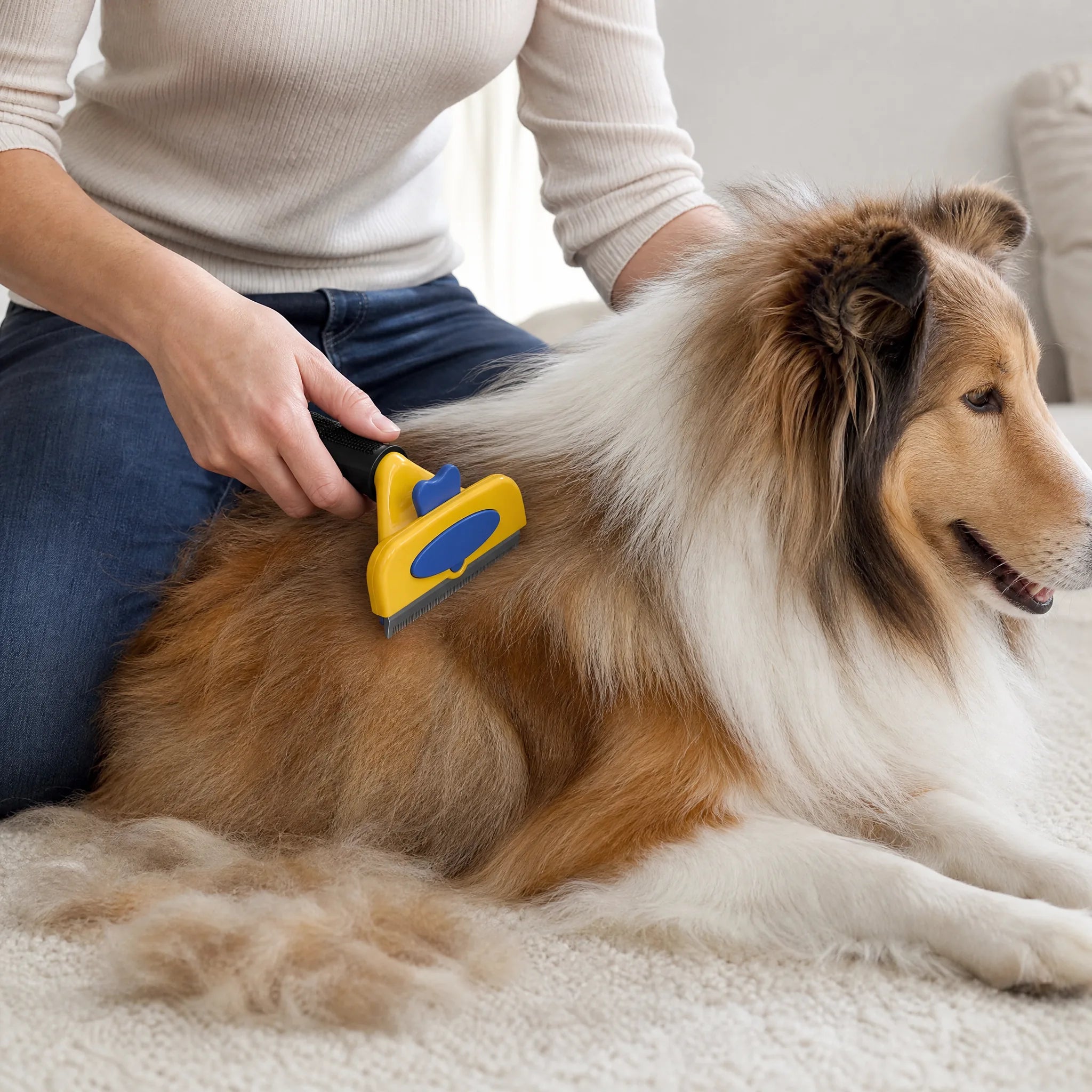 Cane a pelo lungo, cardatore cane e pelo raccolto sul tappeto