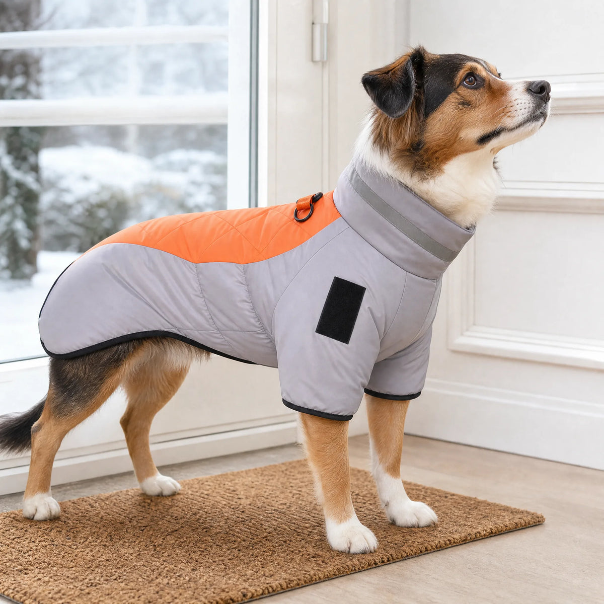Cane pronto a uscire con cappotto invernale collo alto riflettente