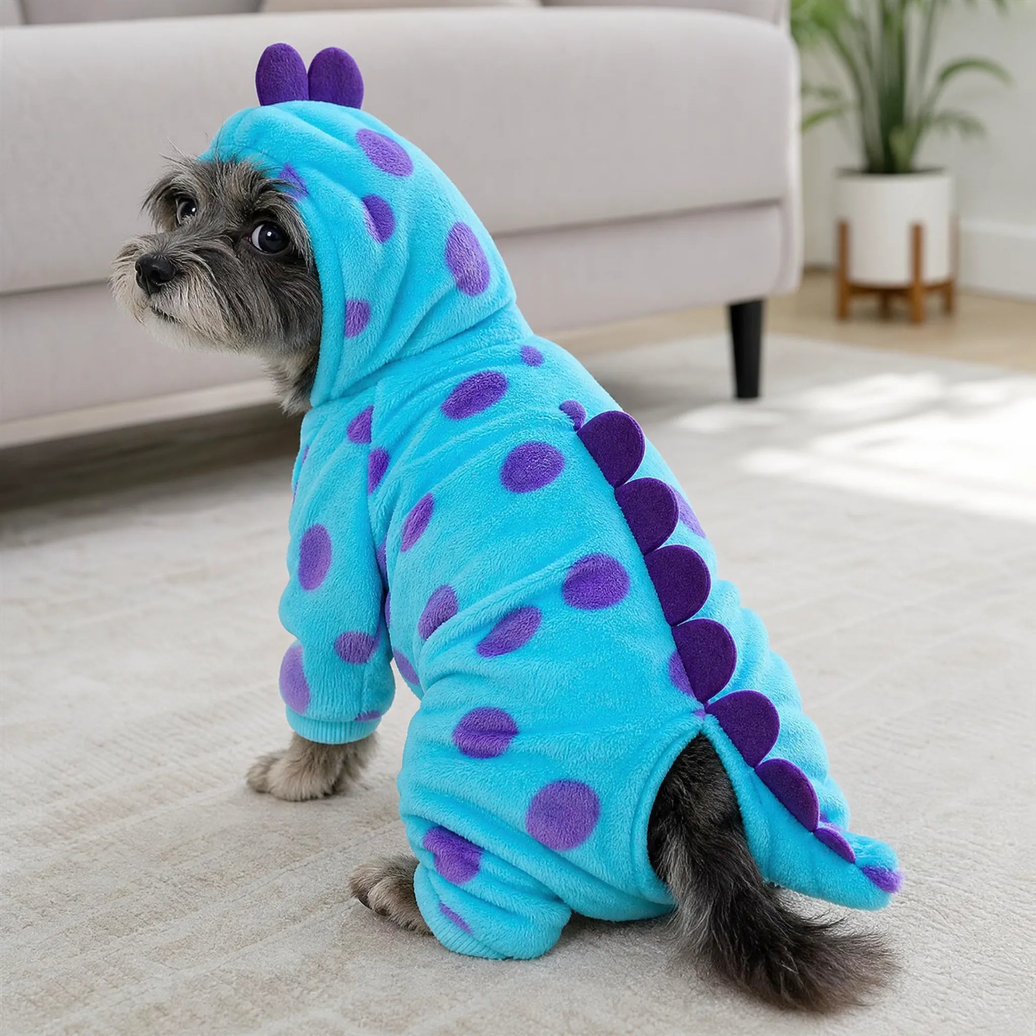 Costume dinosauro per cani visto da dietro con piastre viola