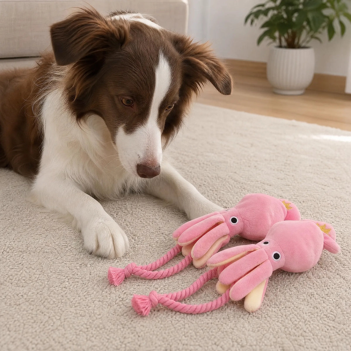 Cane e gioco polpo peluche rosa in casa