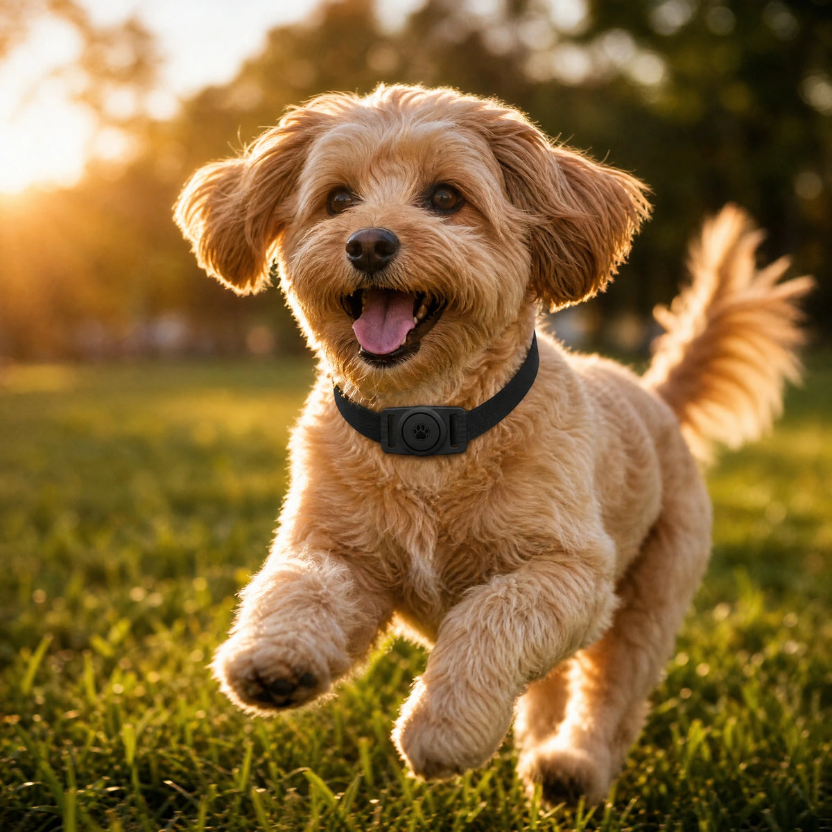 Cane al parco con porta AirTag sul collare