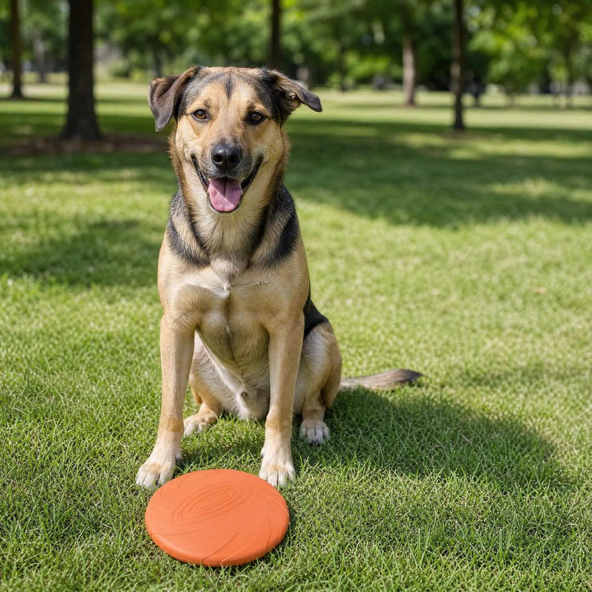 Frisbee per cani in silicone sul prato con il cane