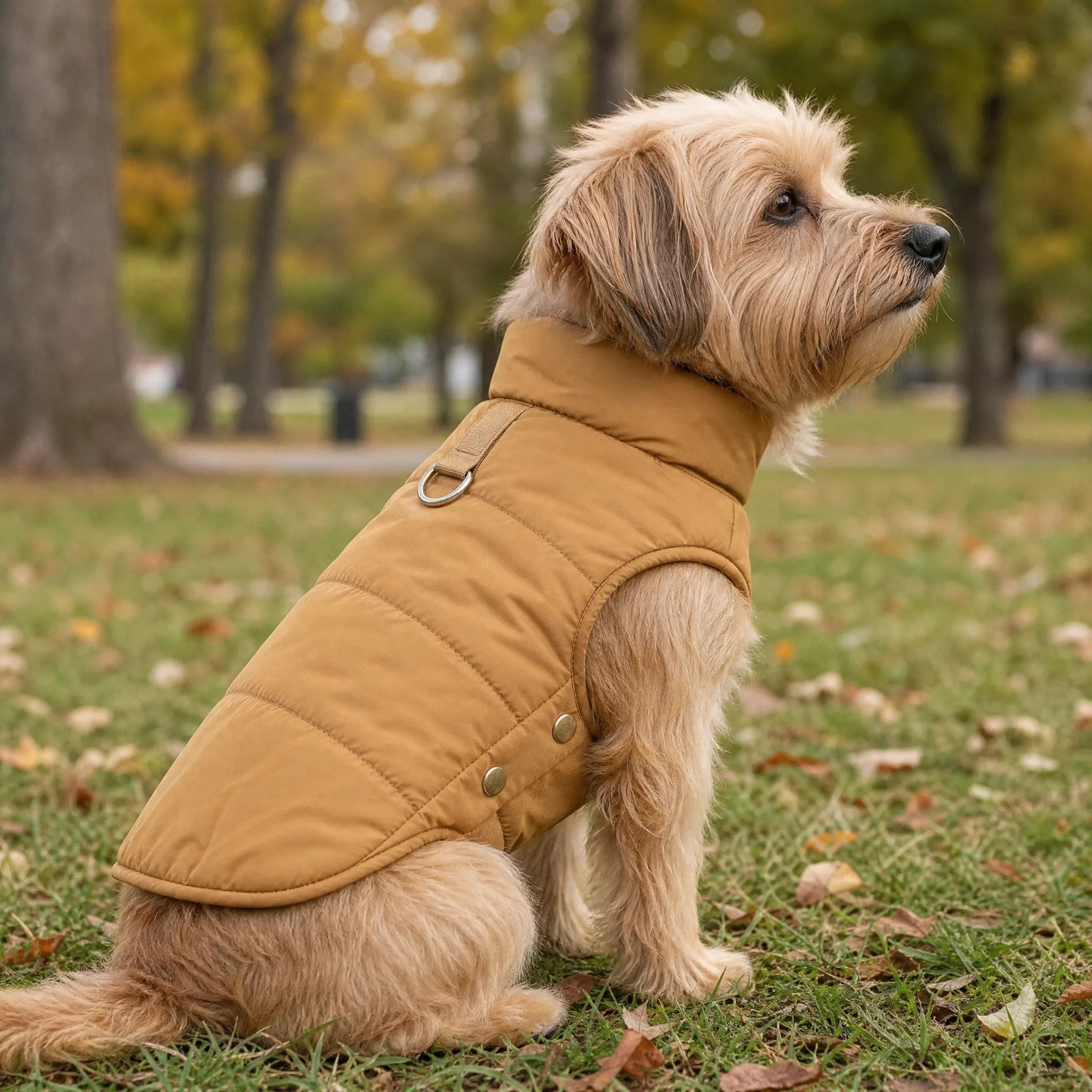 Cane al parco con cappottino impermeabile pile