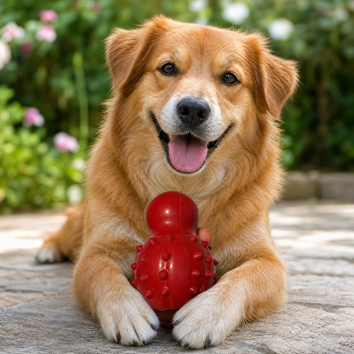 Cane felice con il gioco da riempire in gomma rossa tra le zampe
