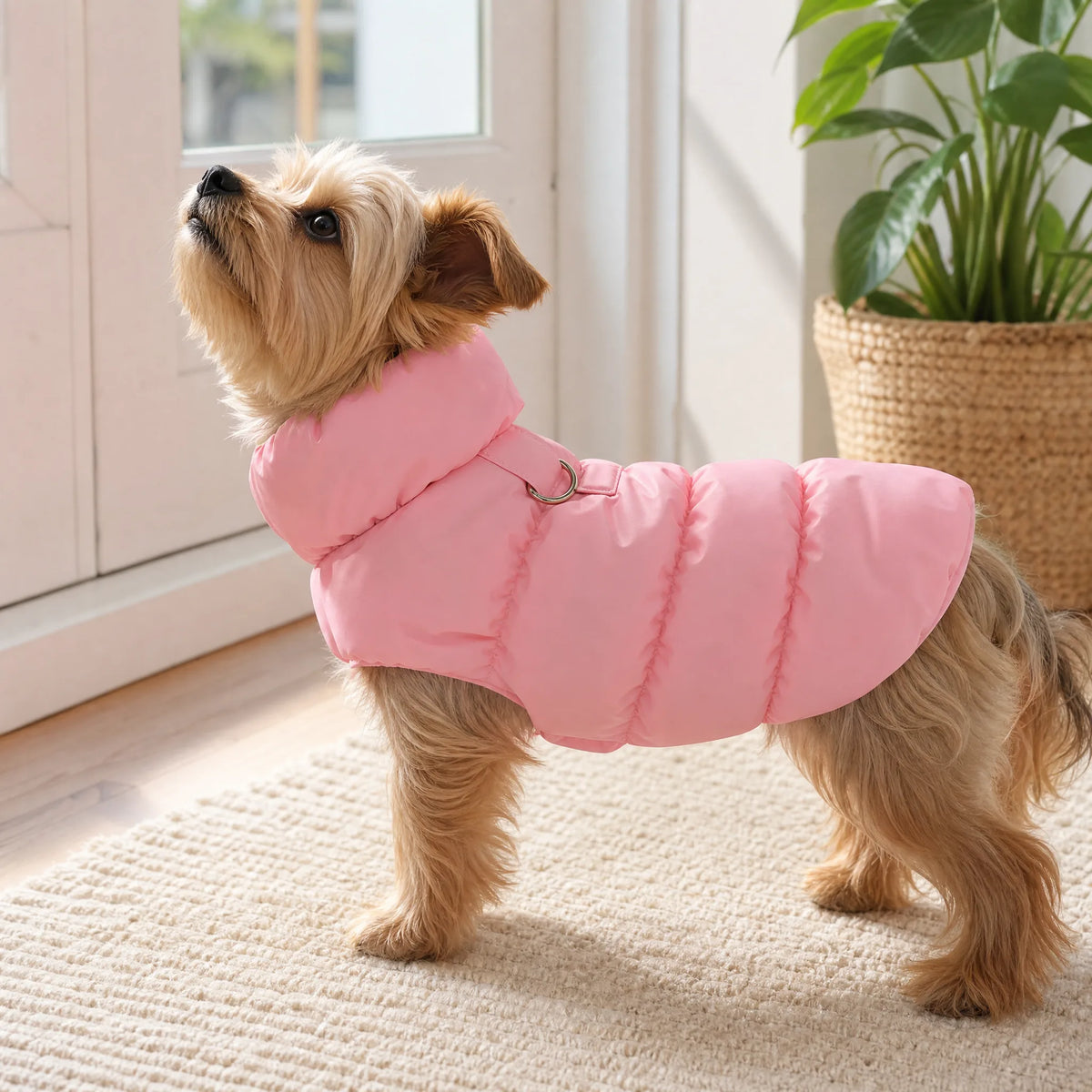 Cane in casa con piumino smanicato pronto per uscire