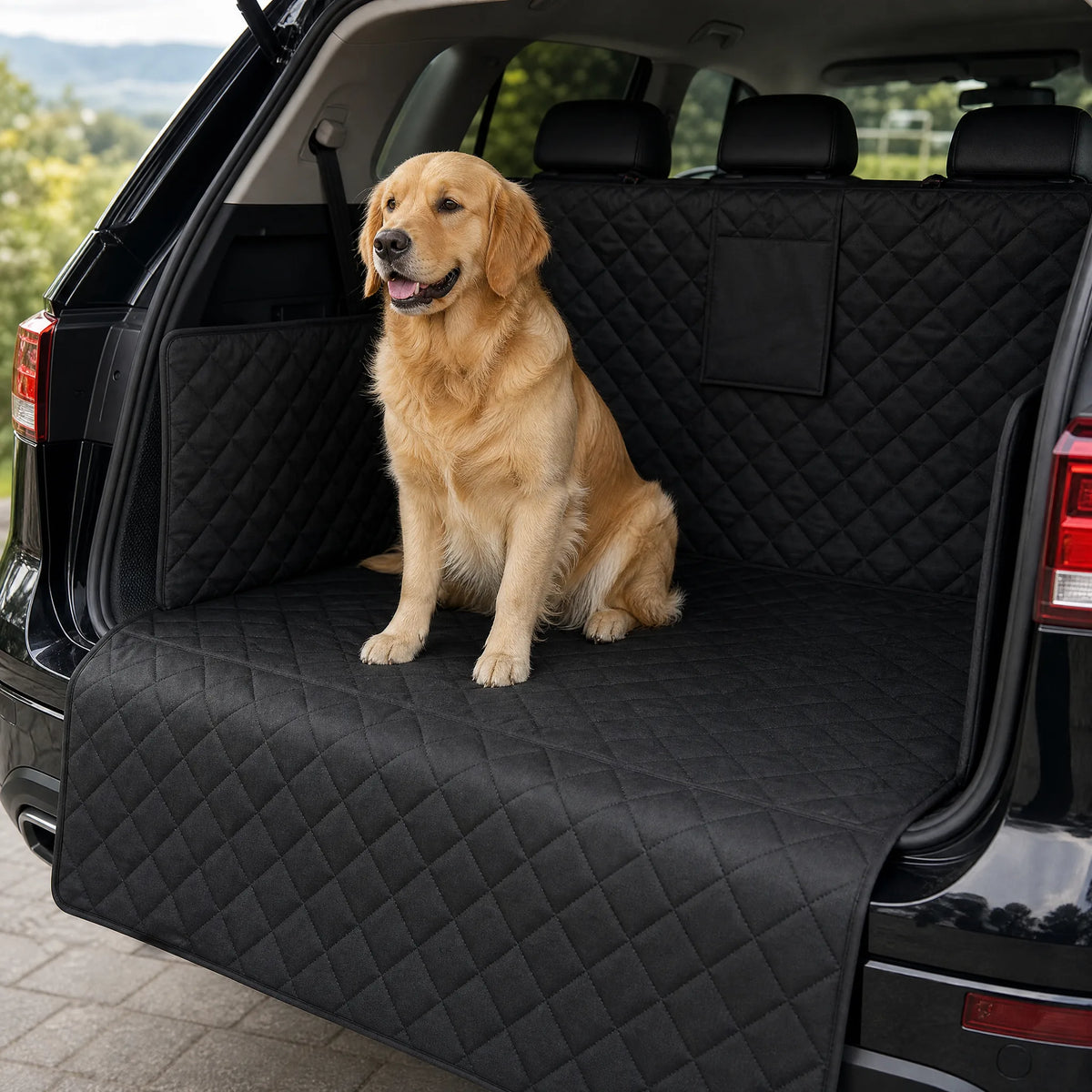 Telo auto per cani SUV - dettaglio piano carico e cane