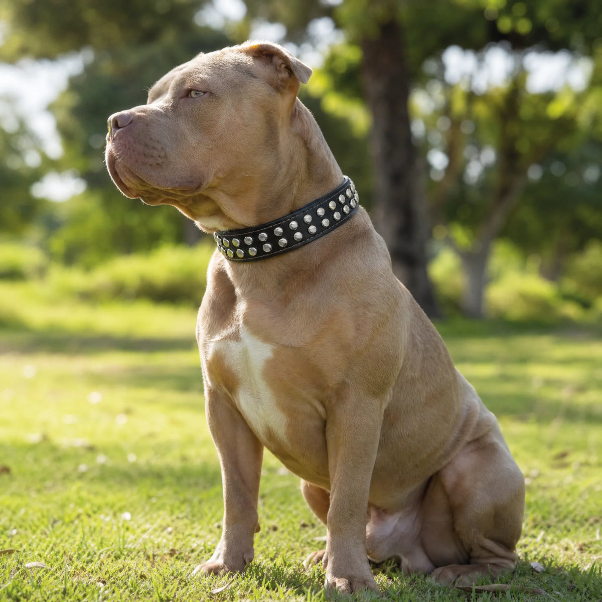 Cane seduto al parco con collare in vera pelle nera con borchie argento