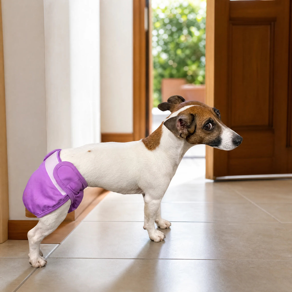 Cane in corridoio di casa con pannolino lavabile per cani