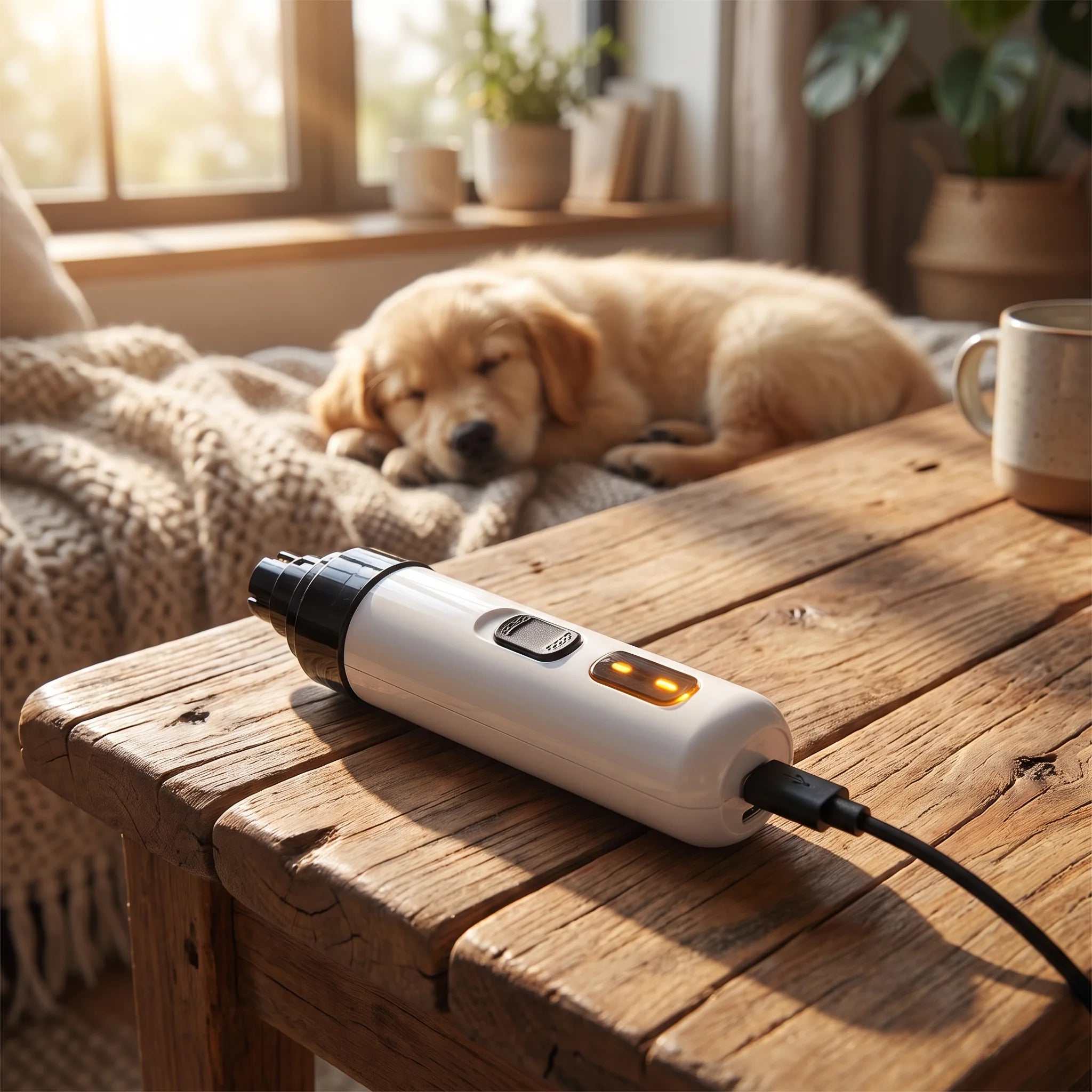 Tagliaunghie elettrico in ricarica USB su tavolo in legno