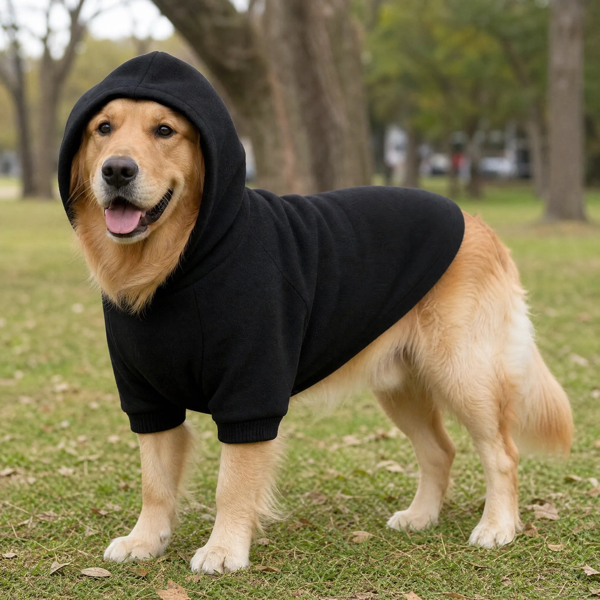 Cane al parco con felpa sport cappuccio