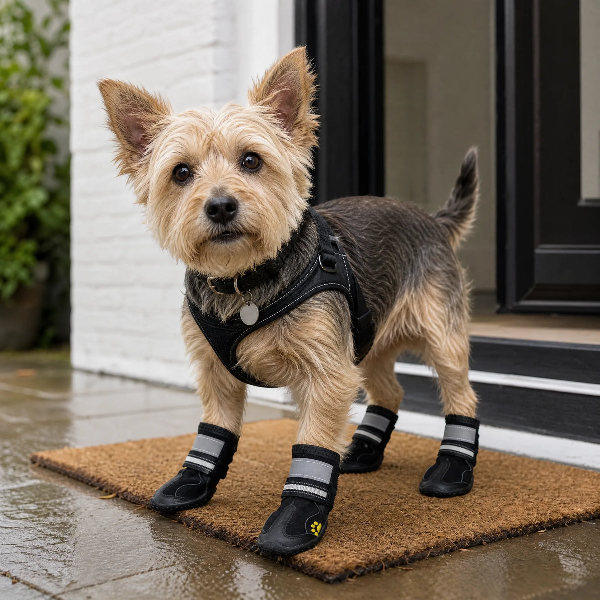 Cane pronto per uscire con scarpe cane impermeabili