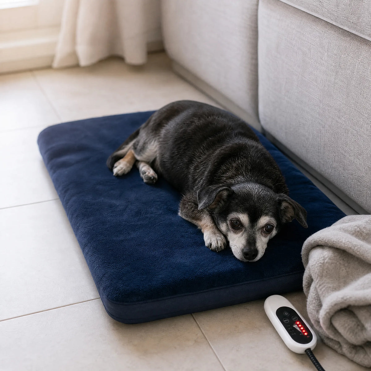 Cane anziano che riposa sul tappetino riscaldante accanto al divano