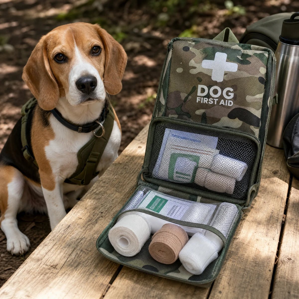 Kit primo soccorso per cani aperto con garze e bende durante una pausa trekking con un beagle