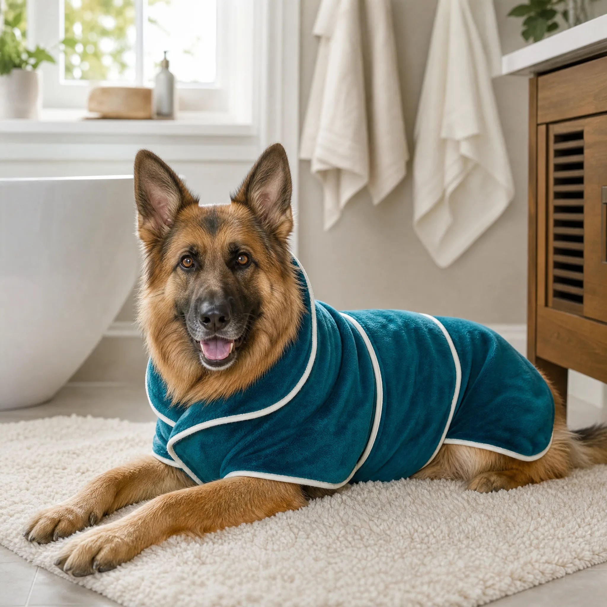 Pastore tedesco con accappatoio per cani in microfibra blu rilassato in bagno dopo la doccia