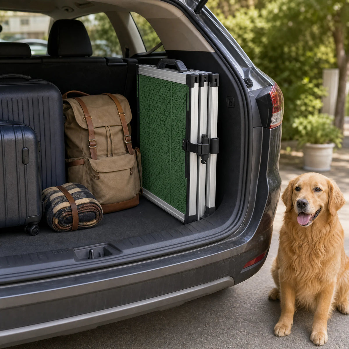 Rampa per cani piegata riposta nel bagagliaio dell auto