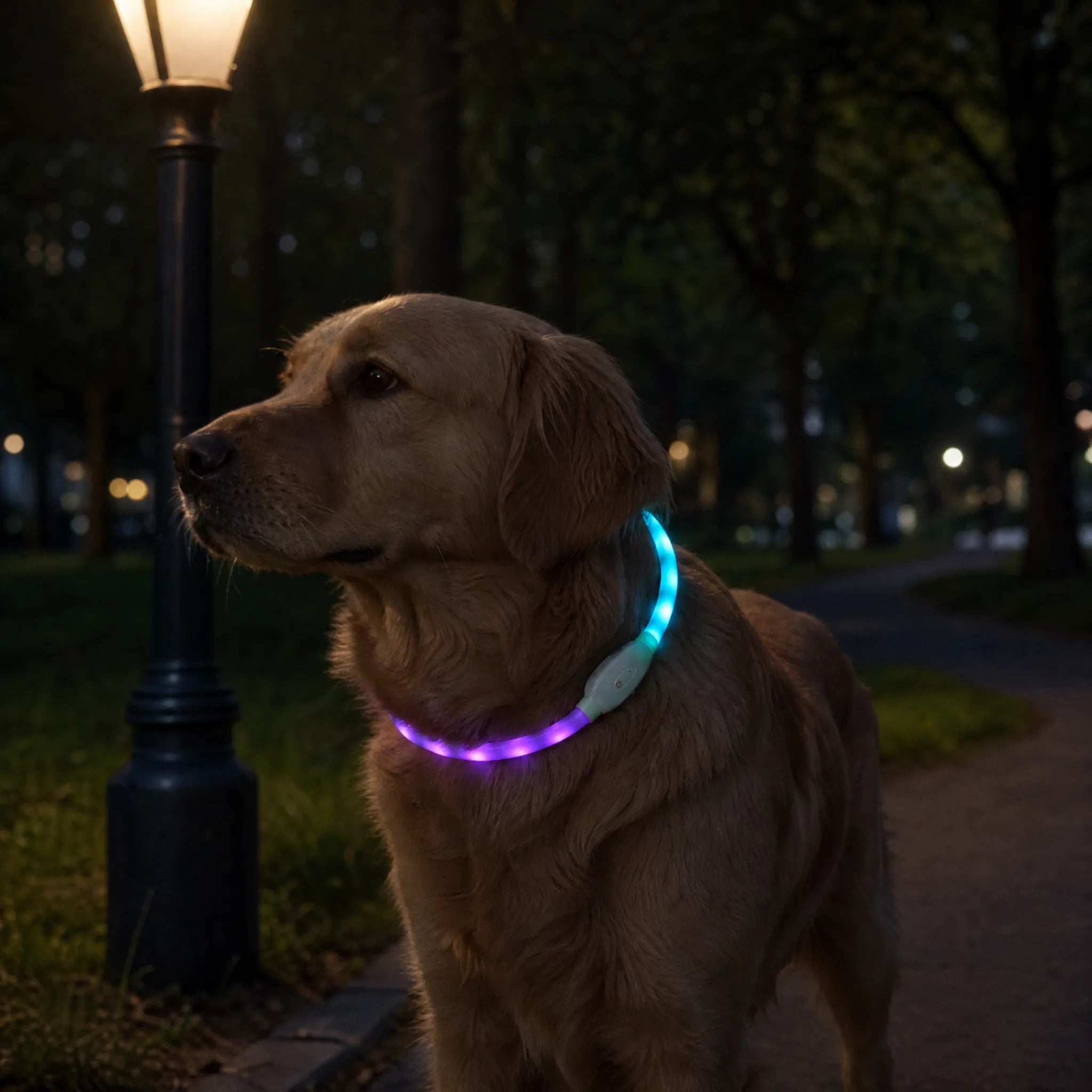 Cane al parco di sera con collare LED multicolore acceso
