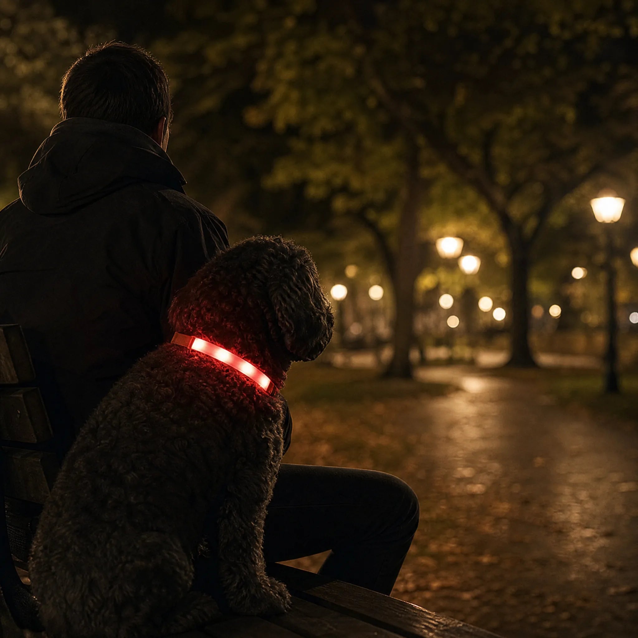 Cane seduto vicino al proprietario in un parco di sera con collare LED rosso acceso