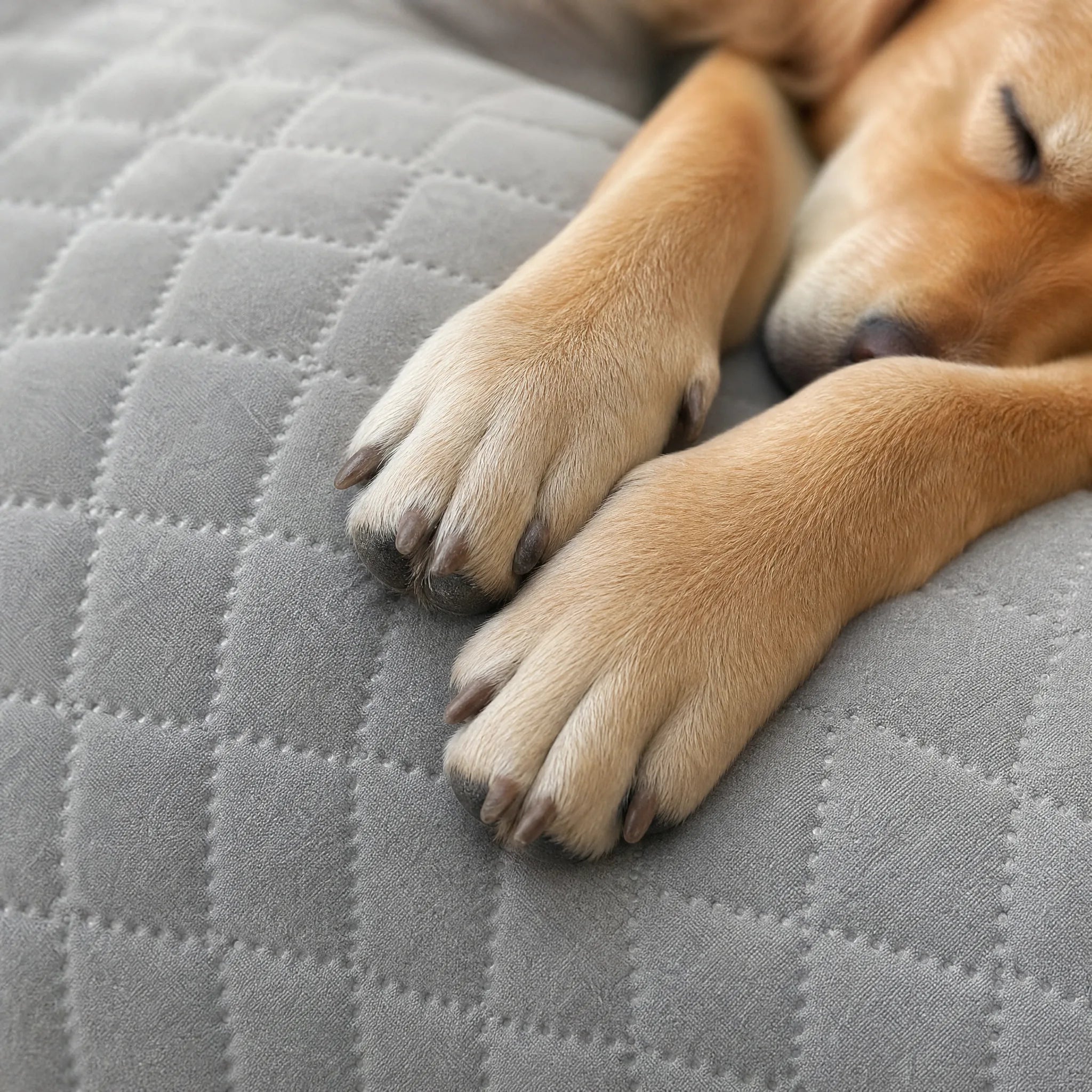 Zampe di cane sul tessuto trapuntato a rombi del copridivano per cani