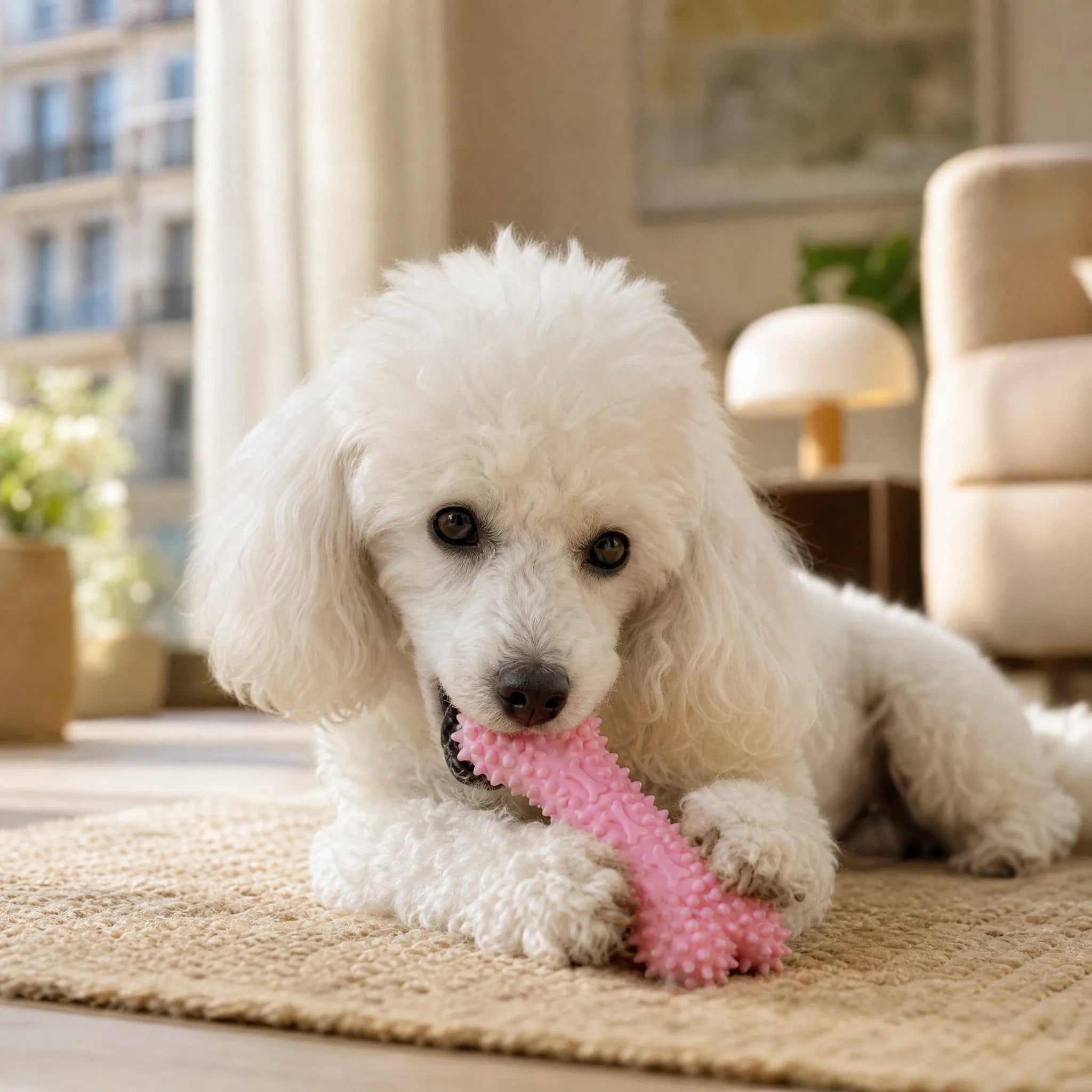 Barboncino cucciolo mordicchia l osso spinoso rosa del set giochi dentizione sul tappeto