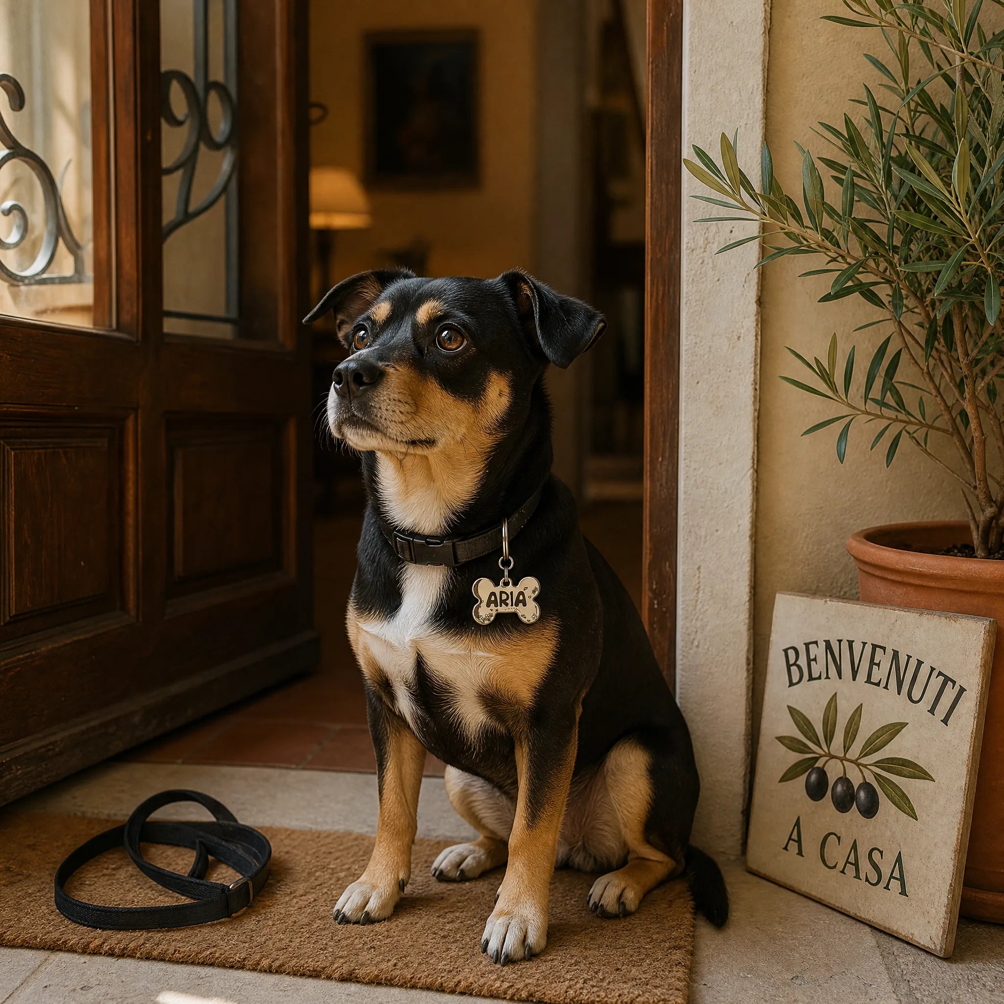Cane seduto all ingresso di casa con medaglietta identificativa incisa al collare