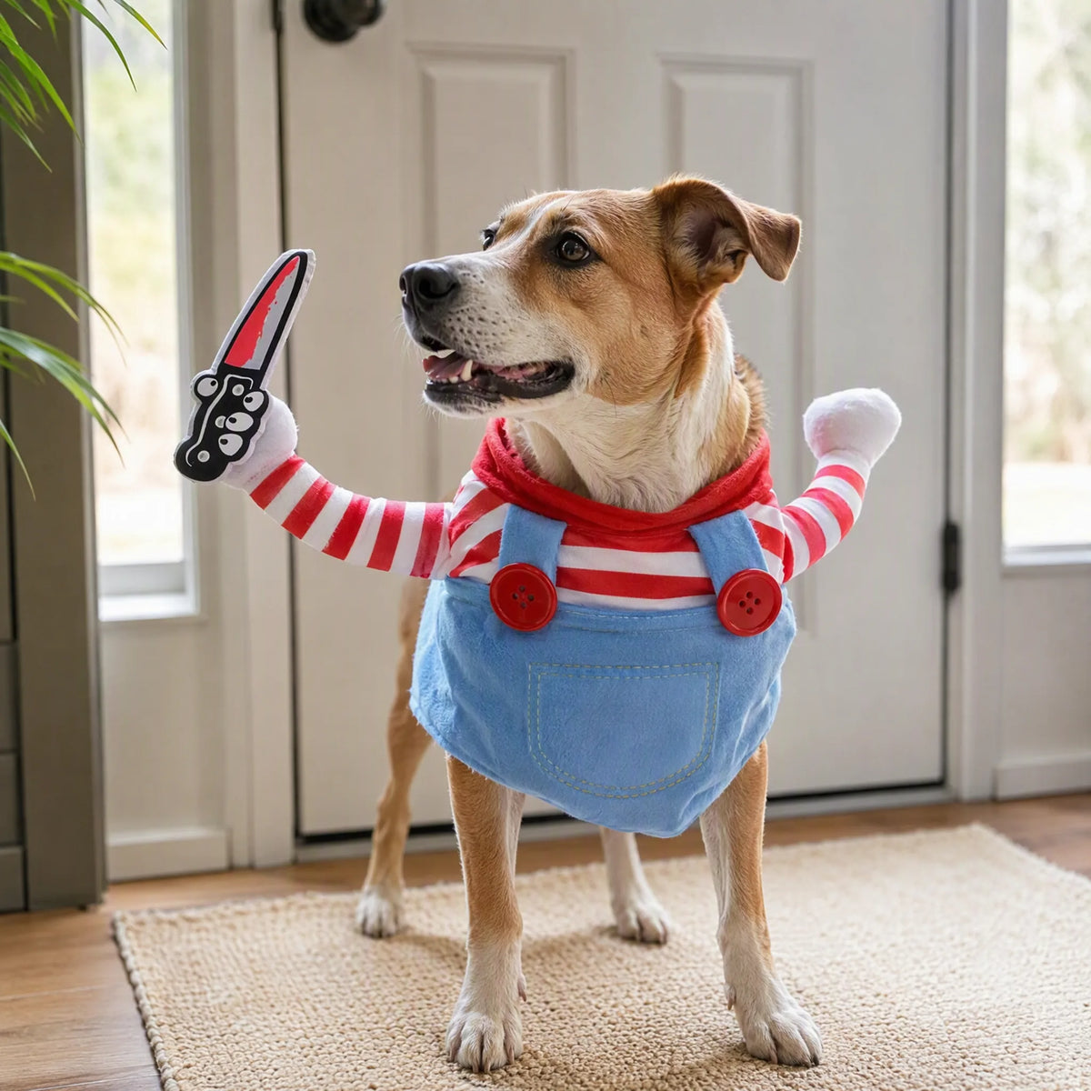 Cane in casa con costume halloween cane coltello e braccia finto