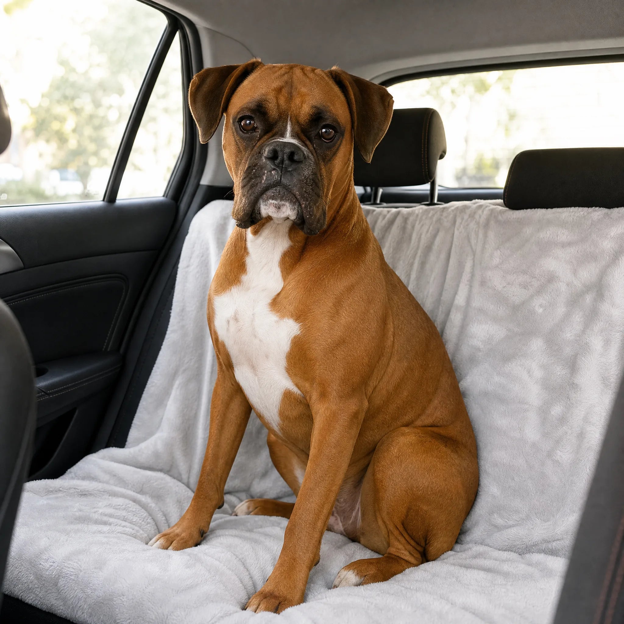 Copertina per cani in pile sul sedile posteriore dell auto con boxer