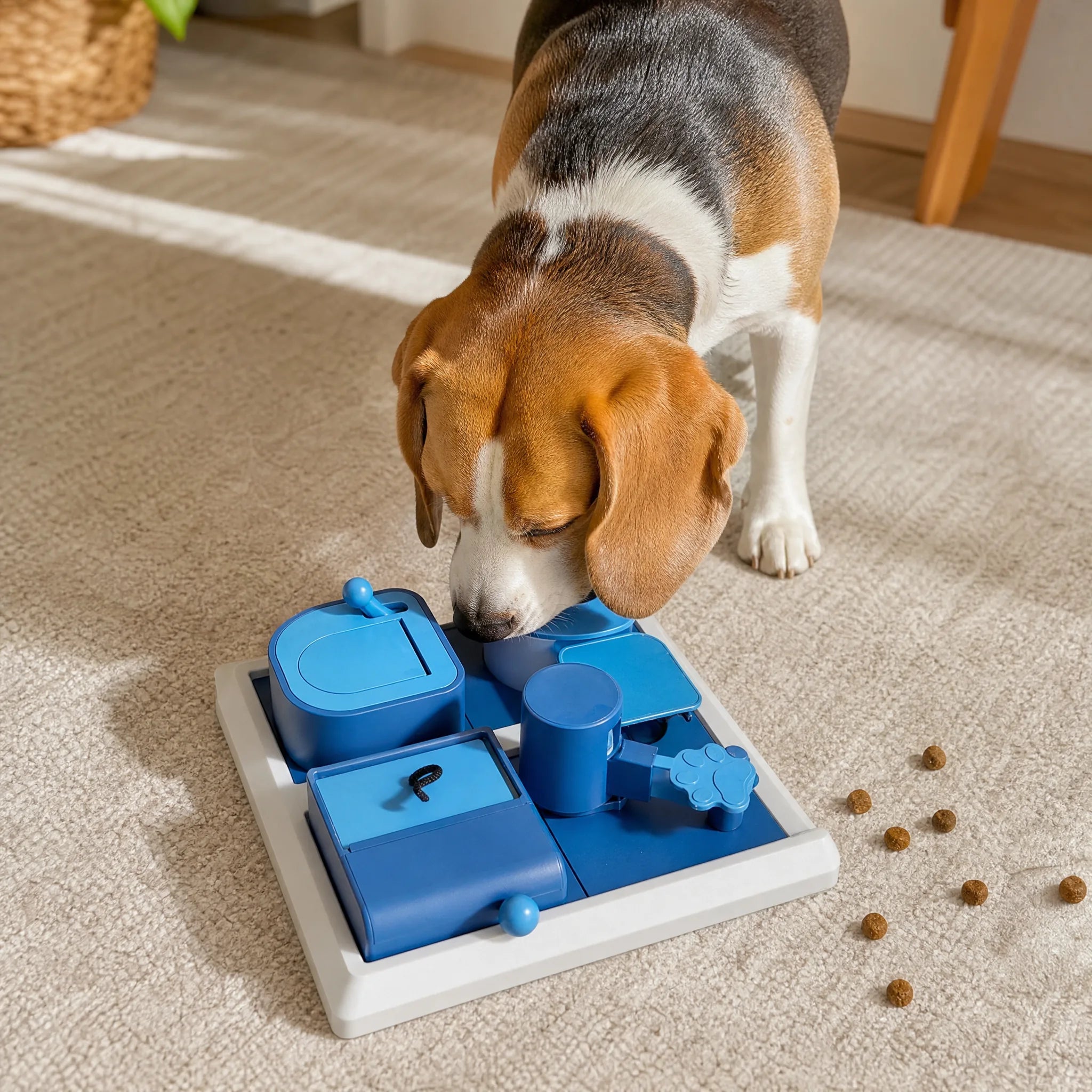 Beagle concentrato sul gioco di intelligenza puzzle box per cani