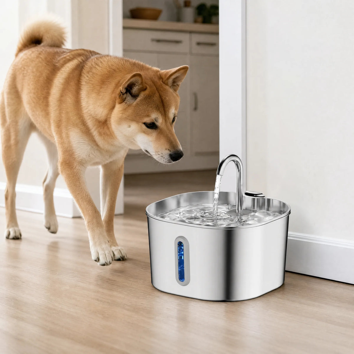 Fontana per cani 2.2L inox vicino cucina con cane