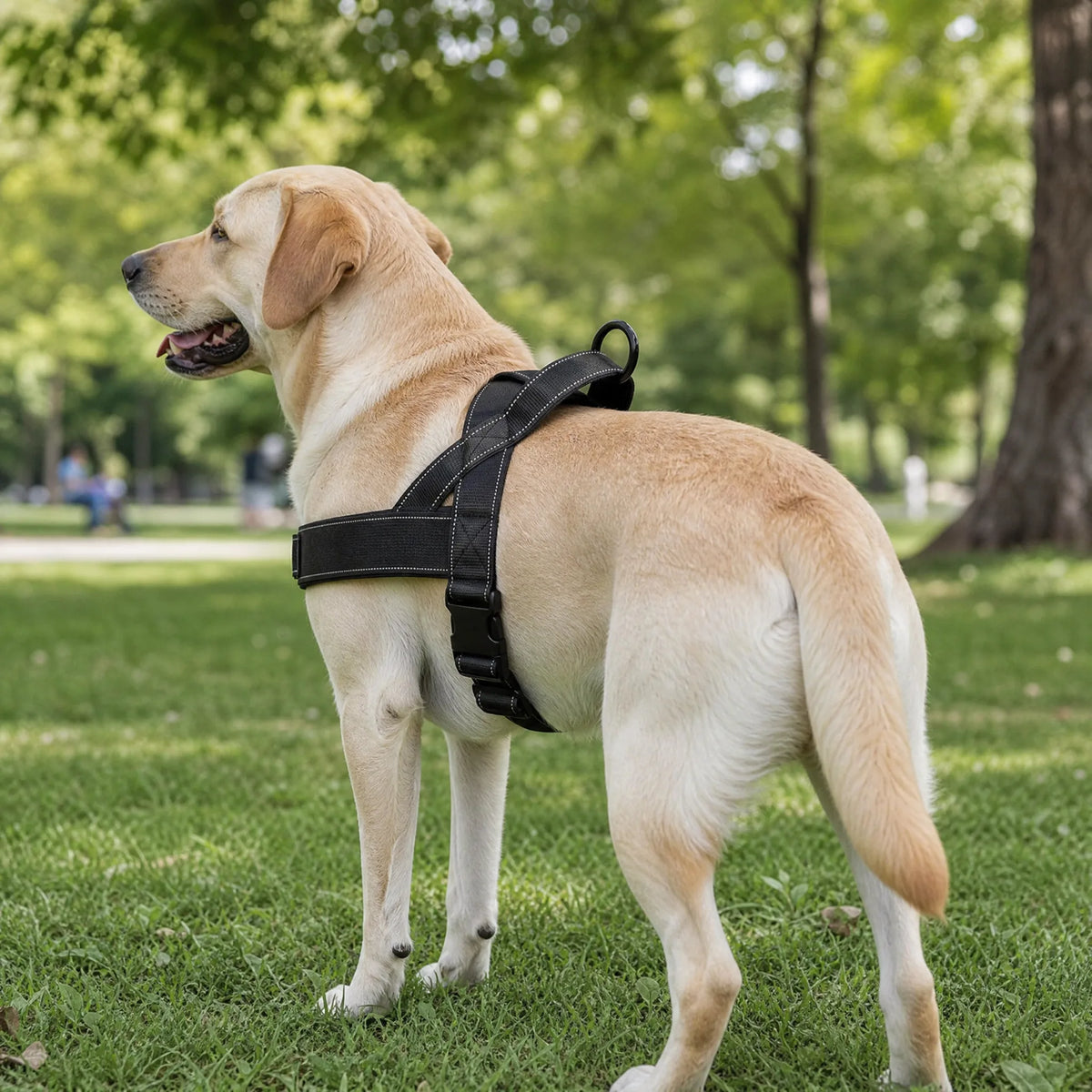 Labrador con pettorina anti-trazione nera vista posteriore maniglia e anello D