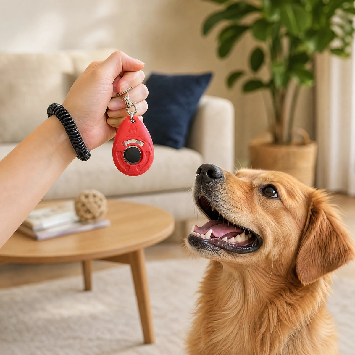 Clicker per cani con cinturino al polso e cane attento