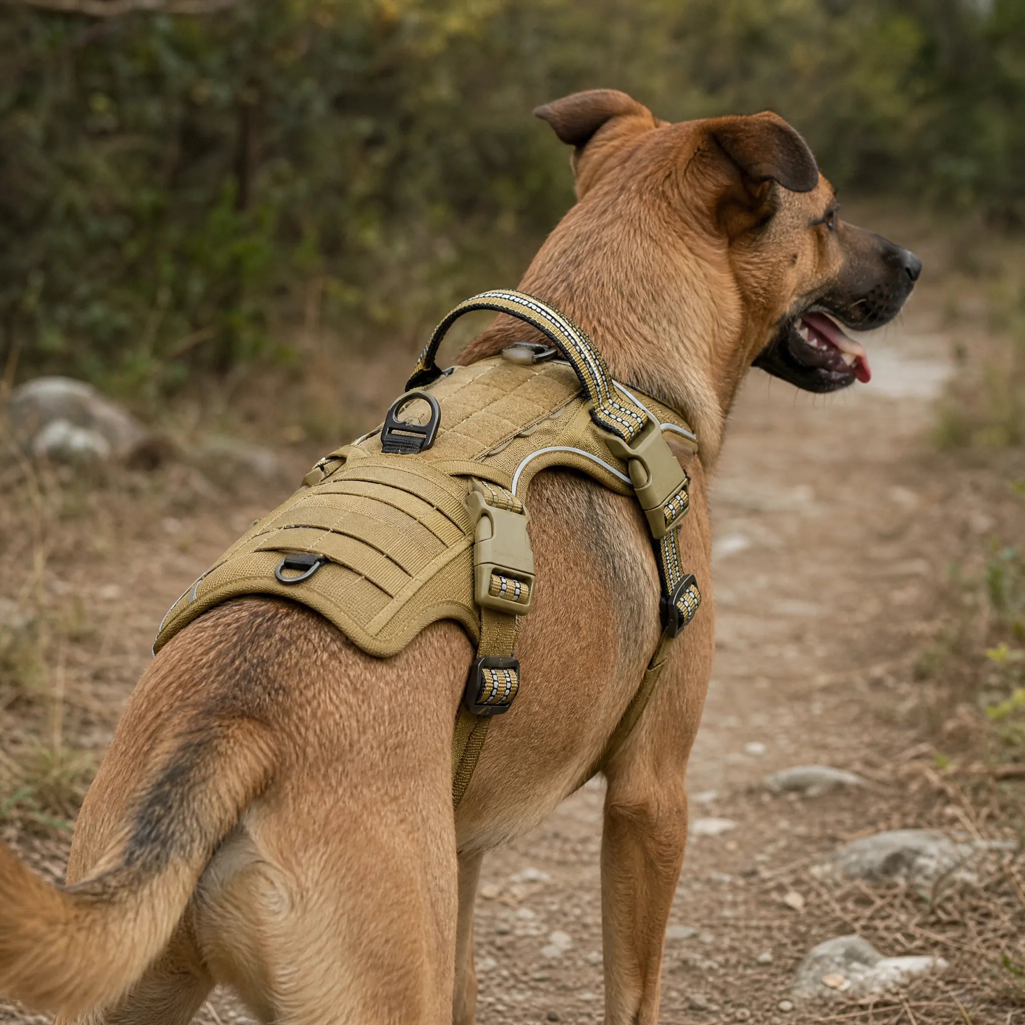 Pettorina tattica cane vista dorso maniglia e pannello MOLLE
