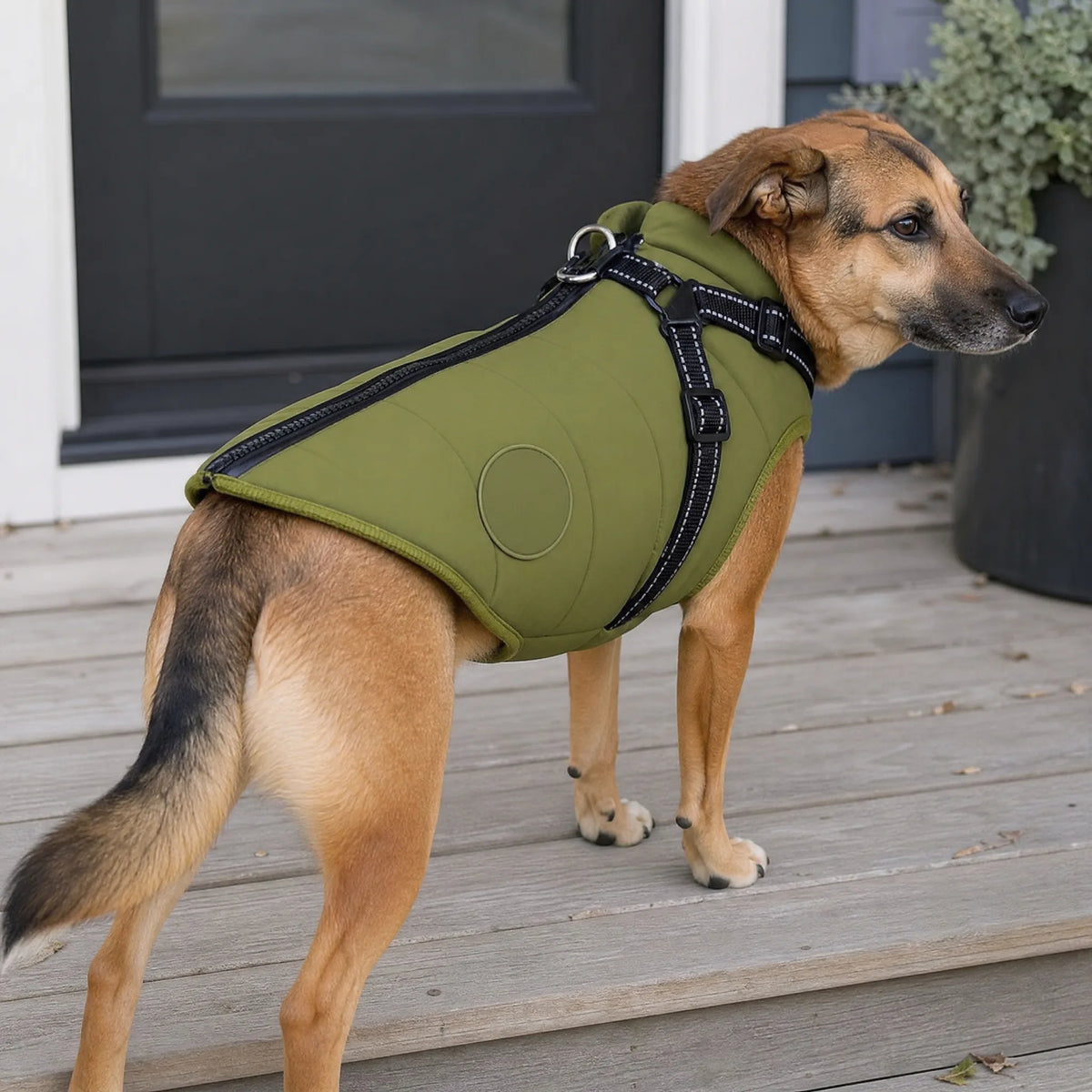 Cappotto cane con pettorina vista dorso e anelli a D