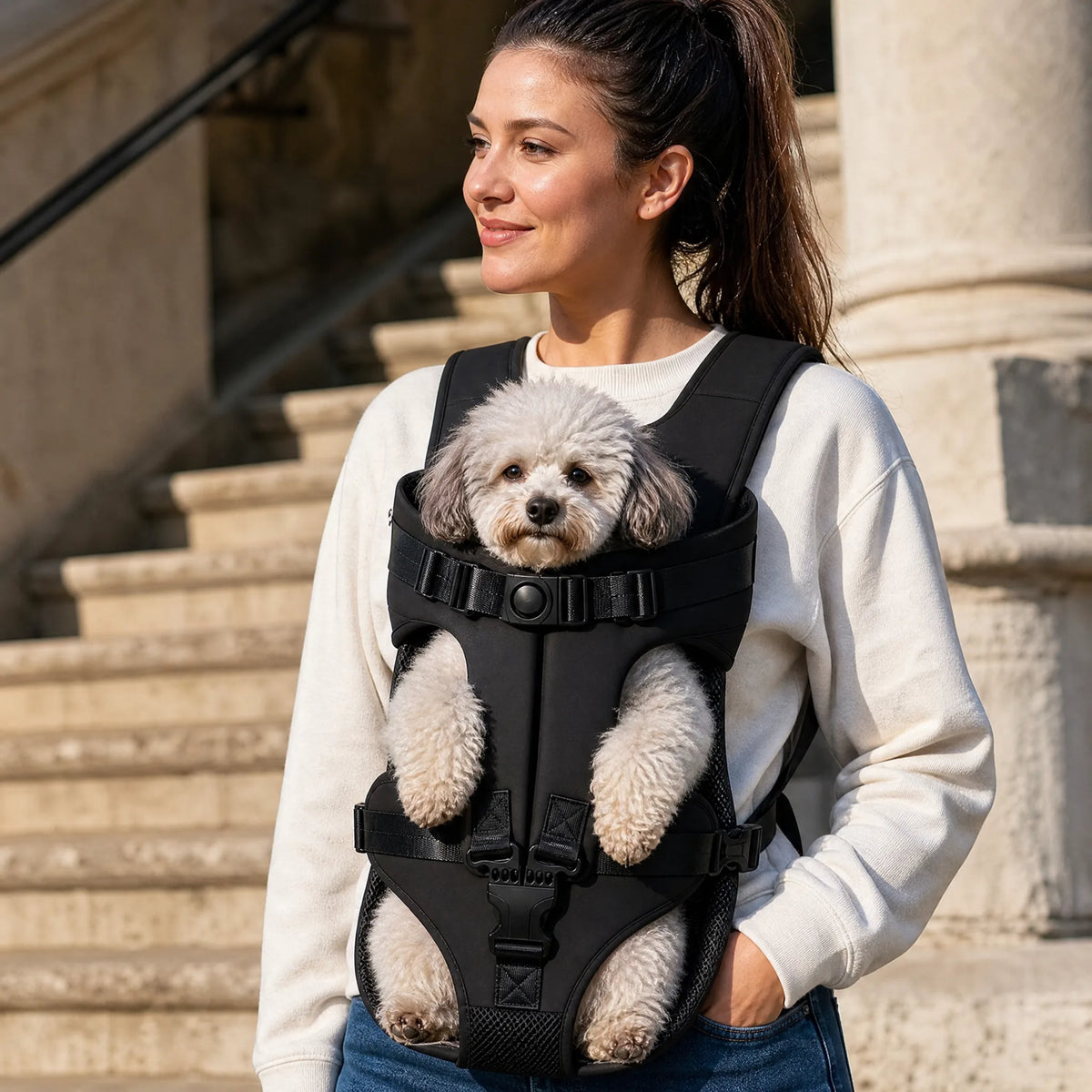 Vista laterale marsupio frontale cane con spalline e cintura vita