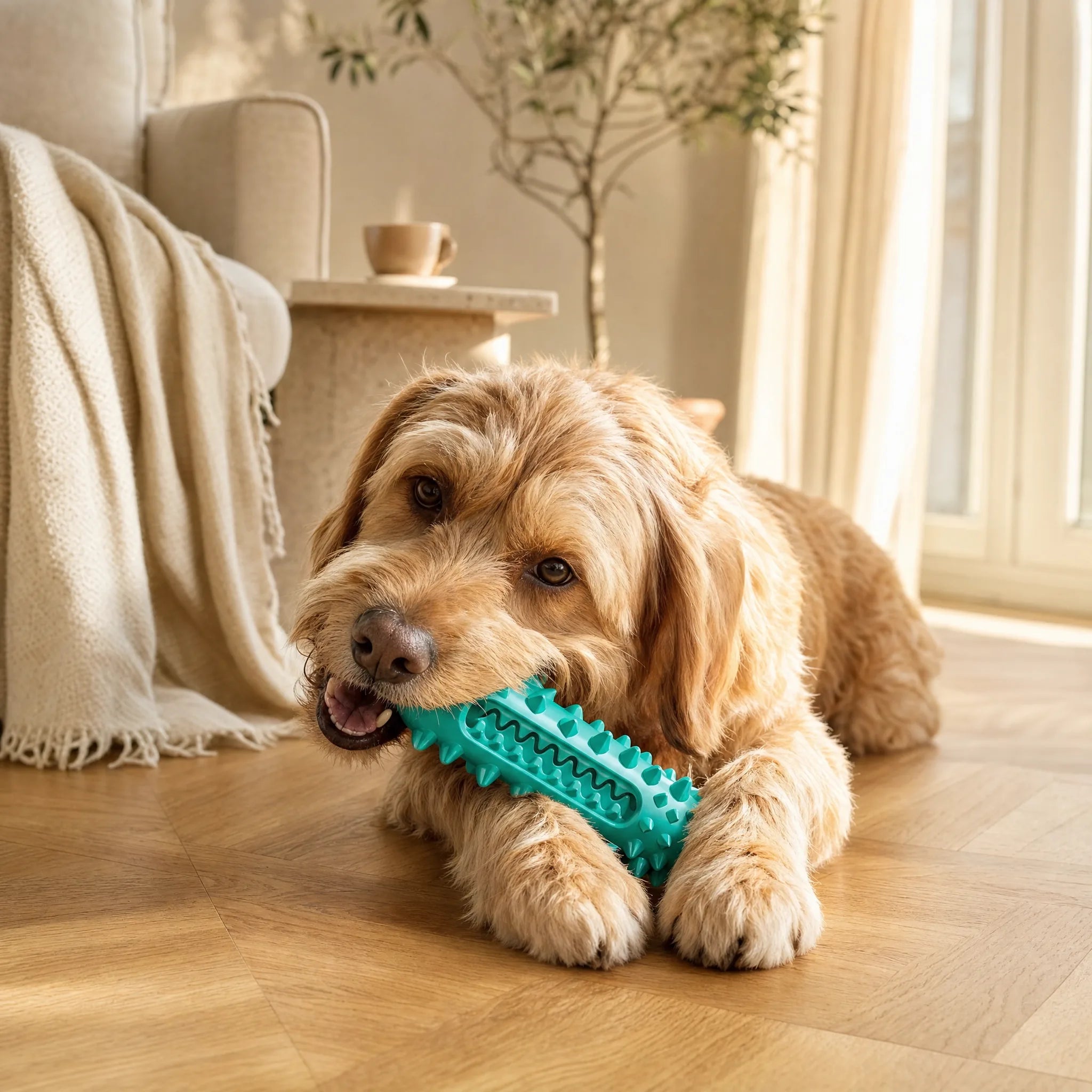 Cane mastica lo spazzolino dentale Felici Insieme in salotto