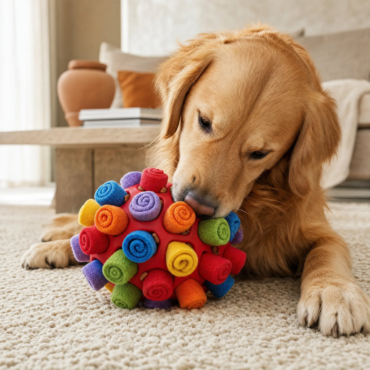 Golden retriever che annusa la palla snuffle SniffBall sul tappeto del salotto cercando le crocchette nascoste tra i petali di pile colorati