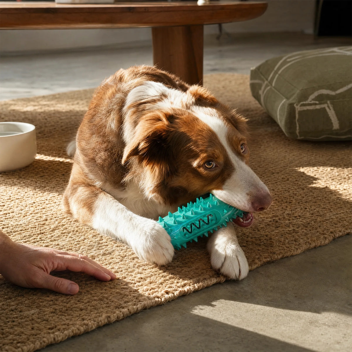 Cane gioca con lo spazzolino per cani da masticare sul tappeto