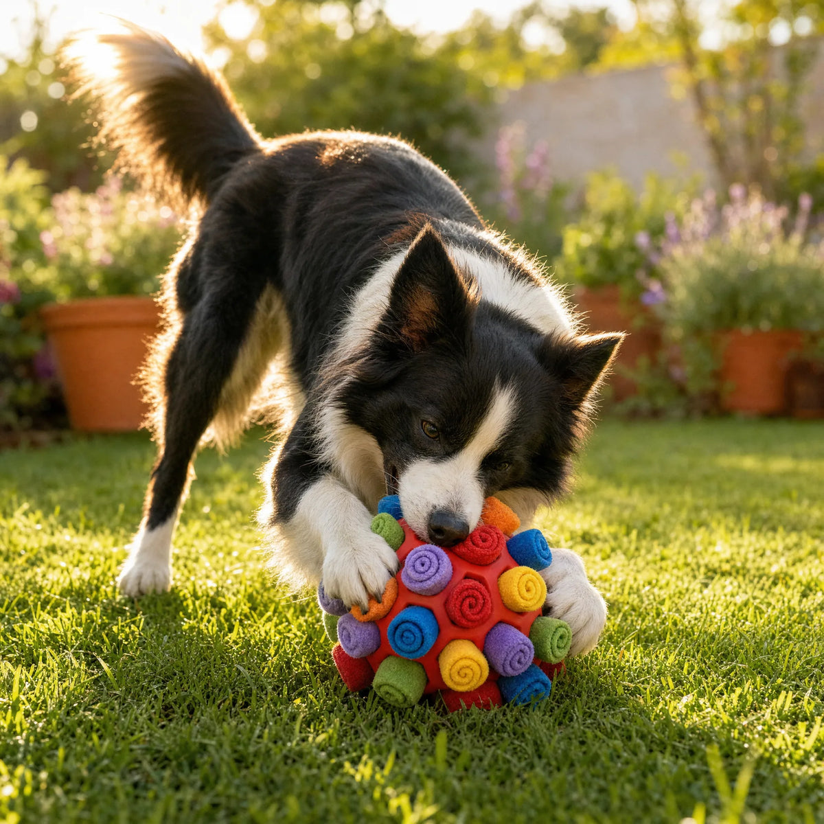 Cane di taglia media che gioca con la palla olfattiva SniffBall sull’erba del giardino al tramonto, gioco anti-noia per cani